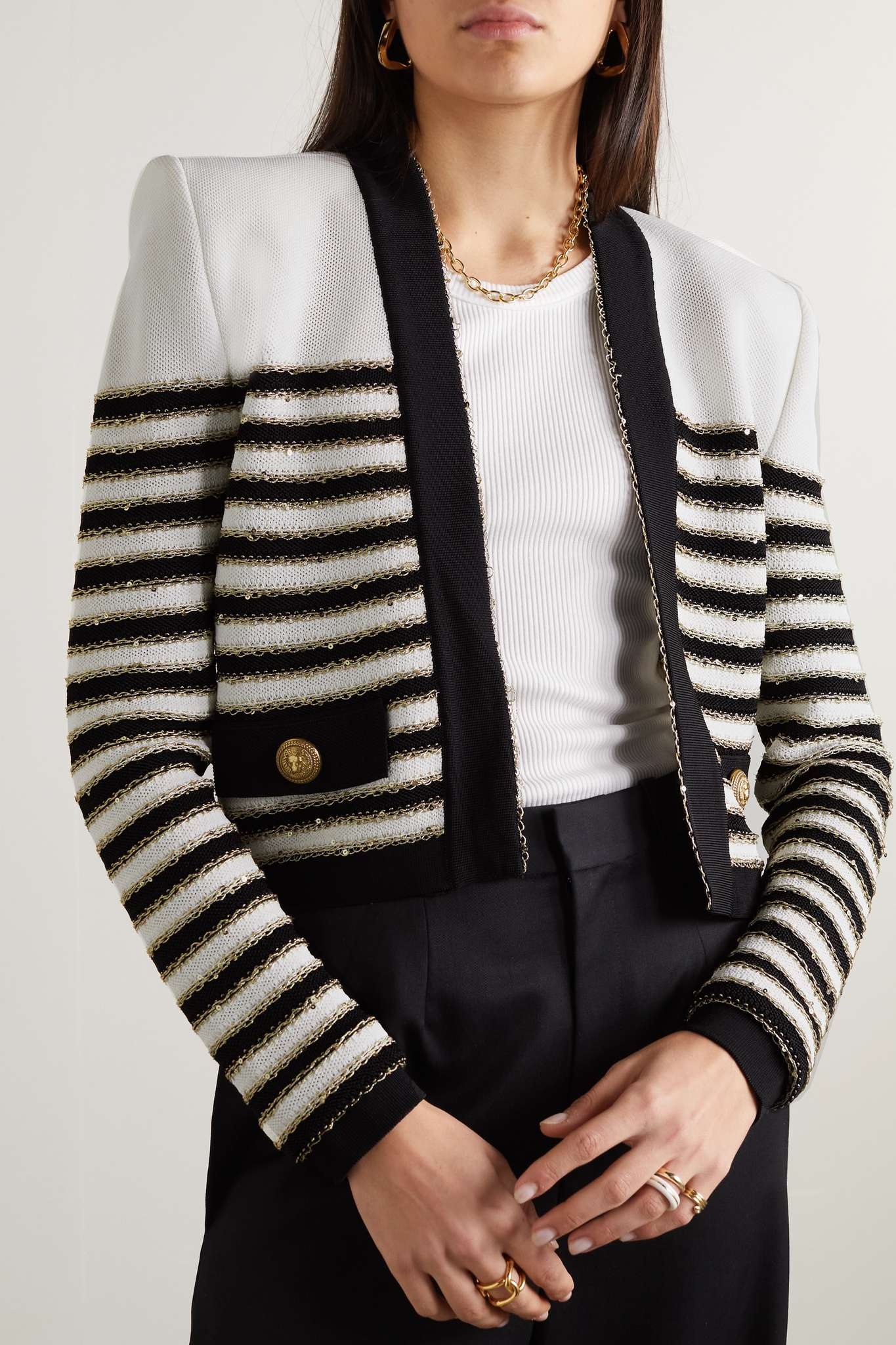 Button-embellished metallic striped knitted cardigan - 3
