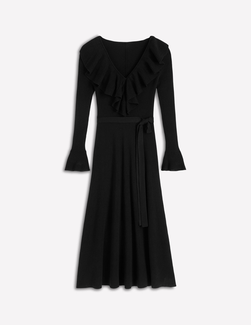 Ruffled Ribbed Dress-Black 1