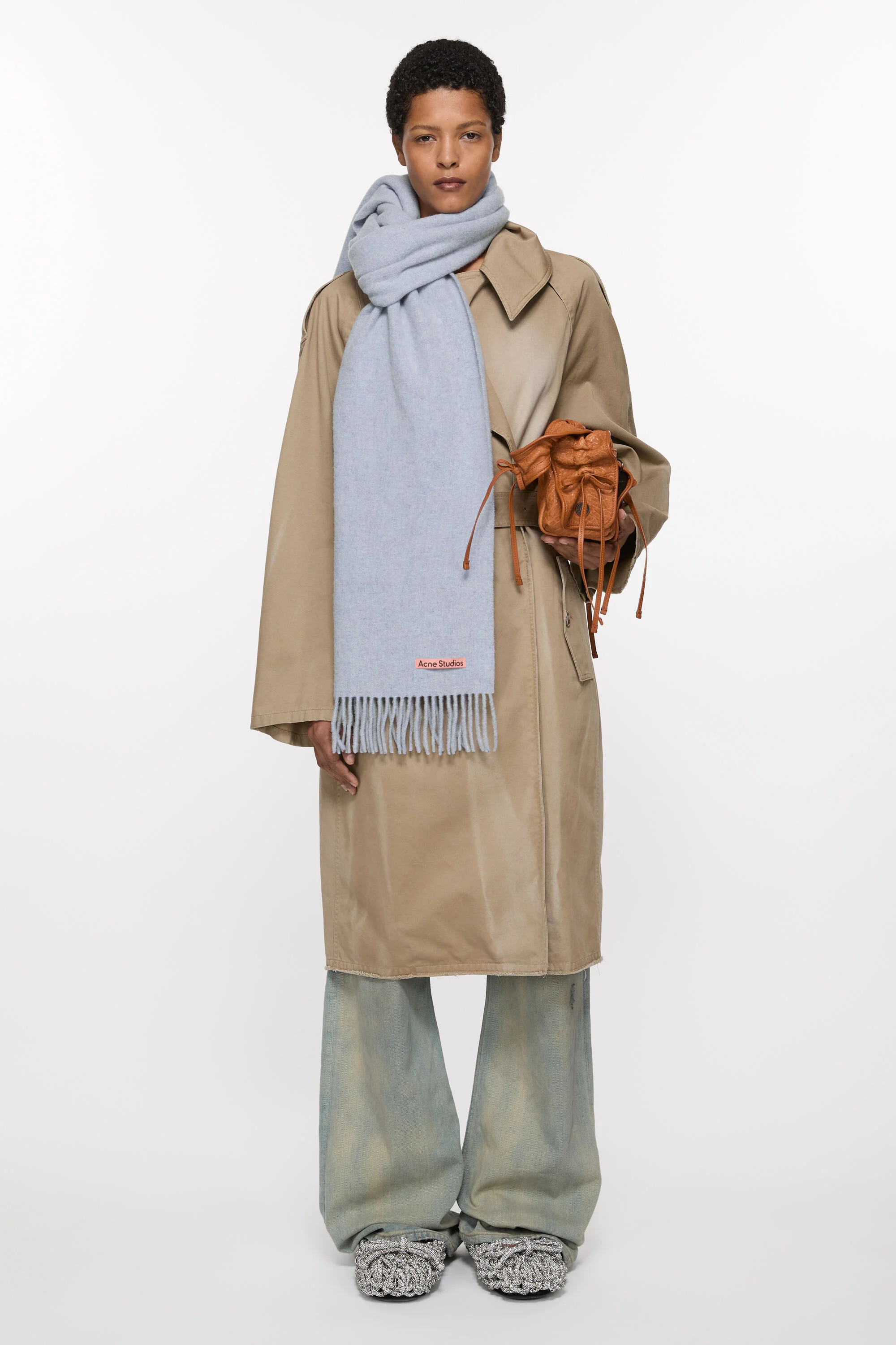 Fringe wool scarf – Narrow - Powder blue mélange - 2