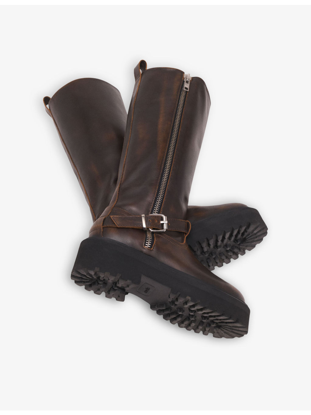 Knee-Length Flat Leather Biker Boots - 4