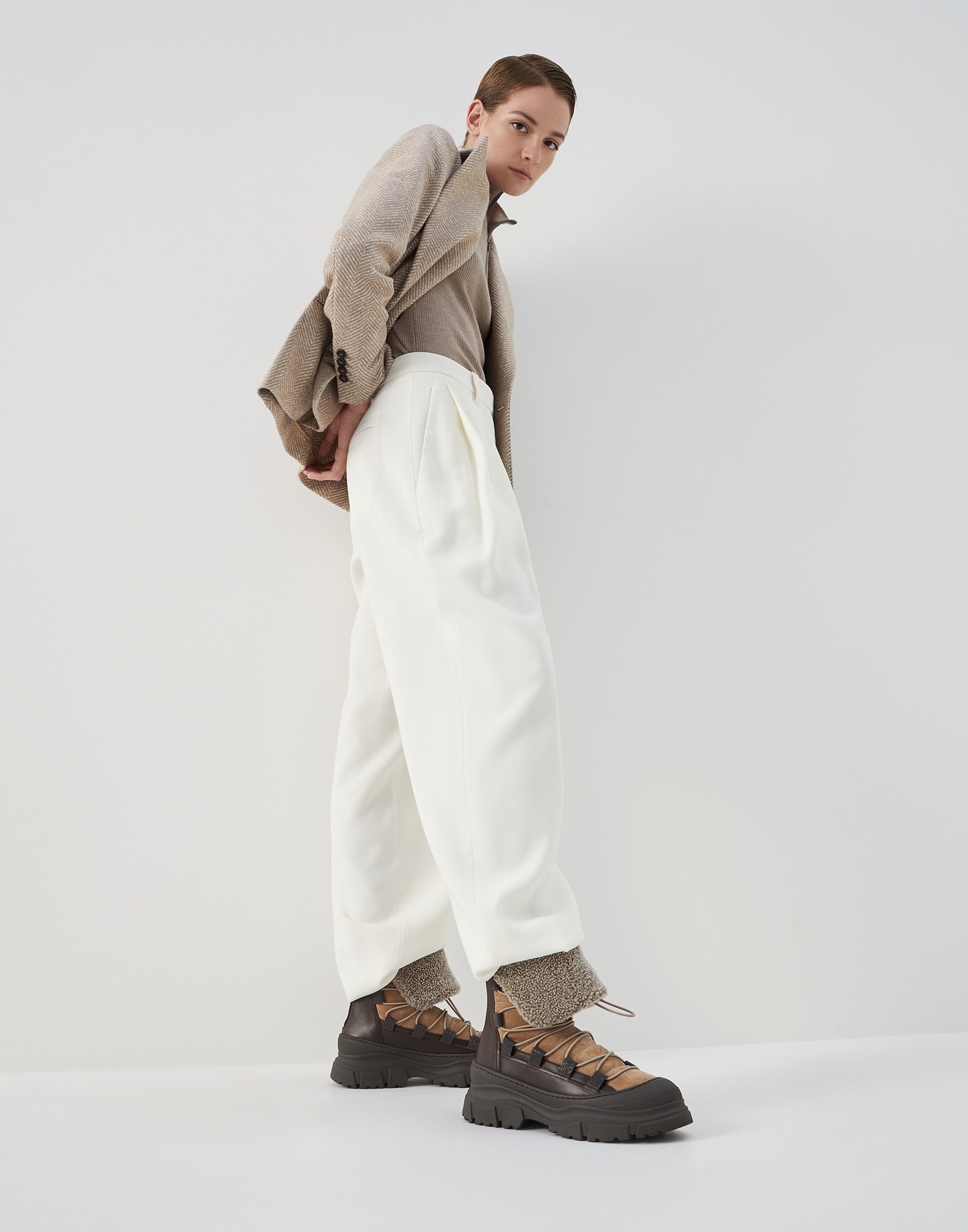 Suede, calfskin and curly shearling boots with monili - 4