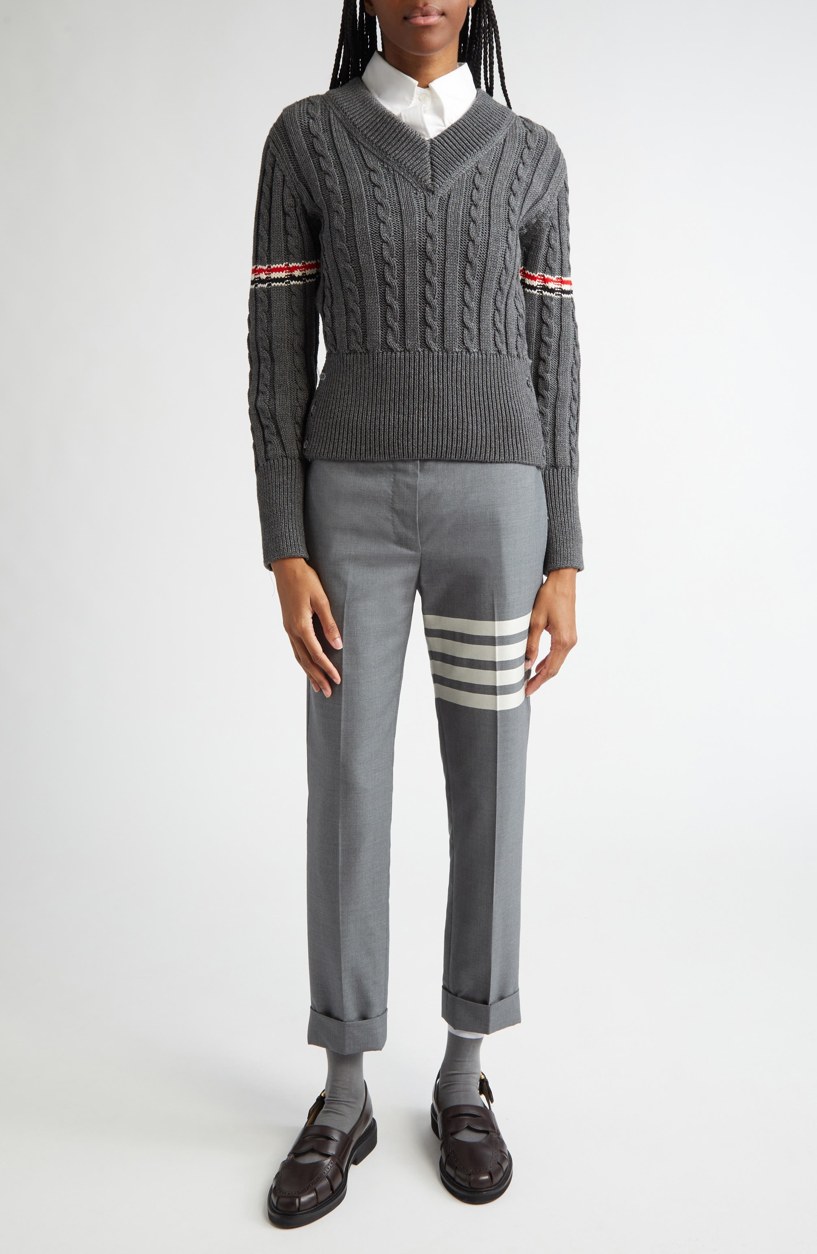 Thom Browne Cable Knit Virgin Wool V-Neck Sweater in Medium Grey at Nordstrom - 2