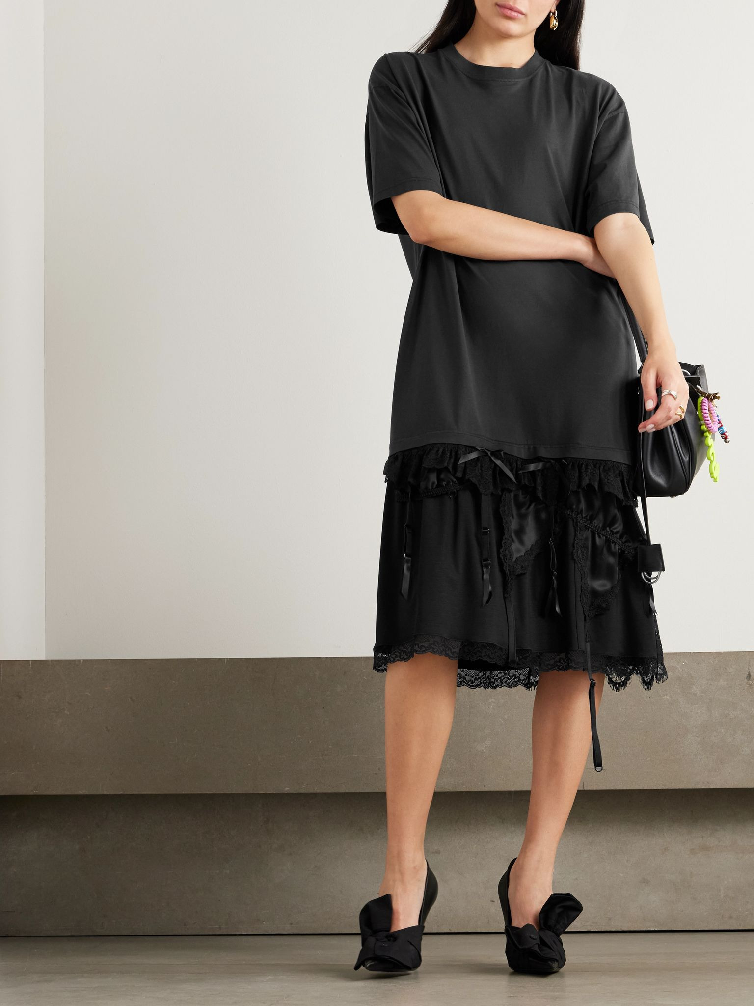 Layered lace-trimmed cotton-jersey and silk-satin mini dress Black - 2