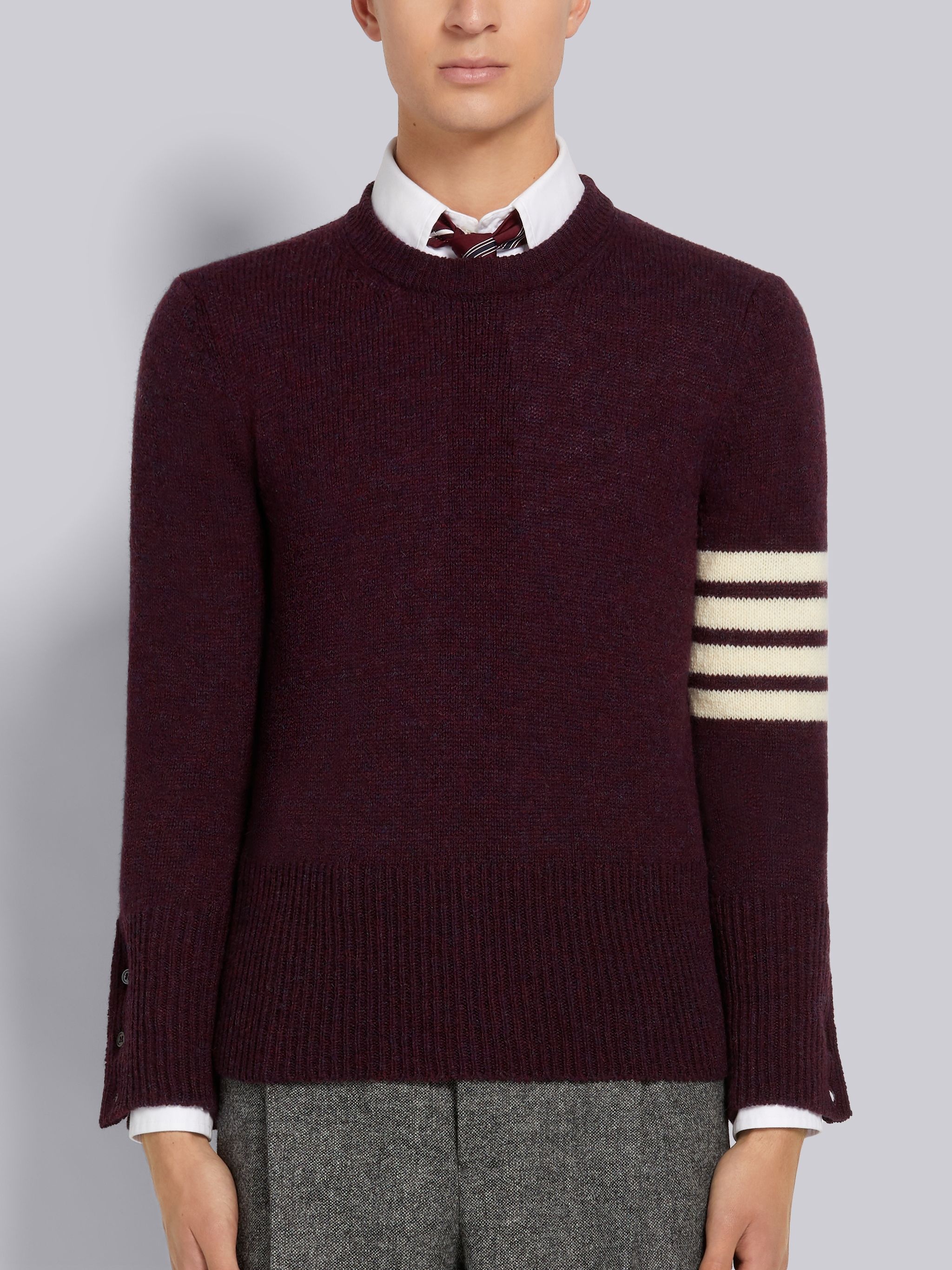 Dark Red Shetland Wool Jersey Stitch 4-Bar Stripe Classic Crew Neck Pullover - 1