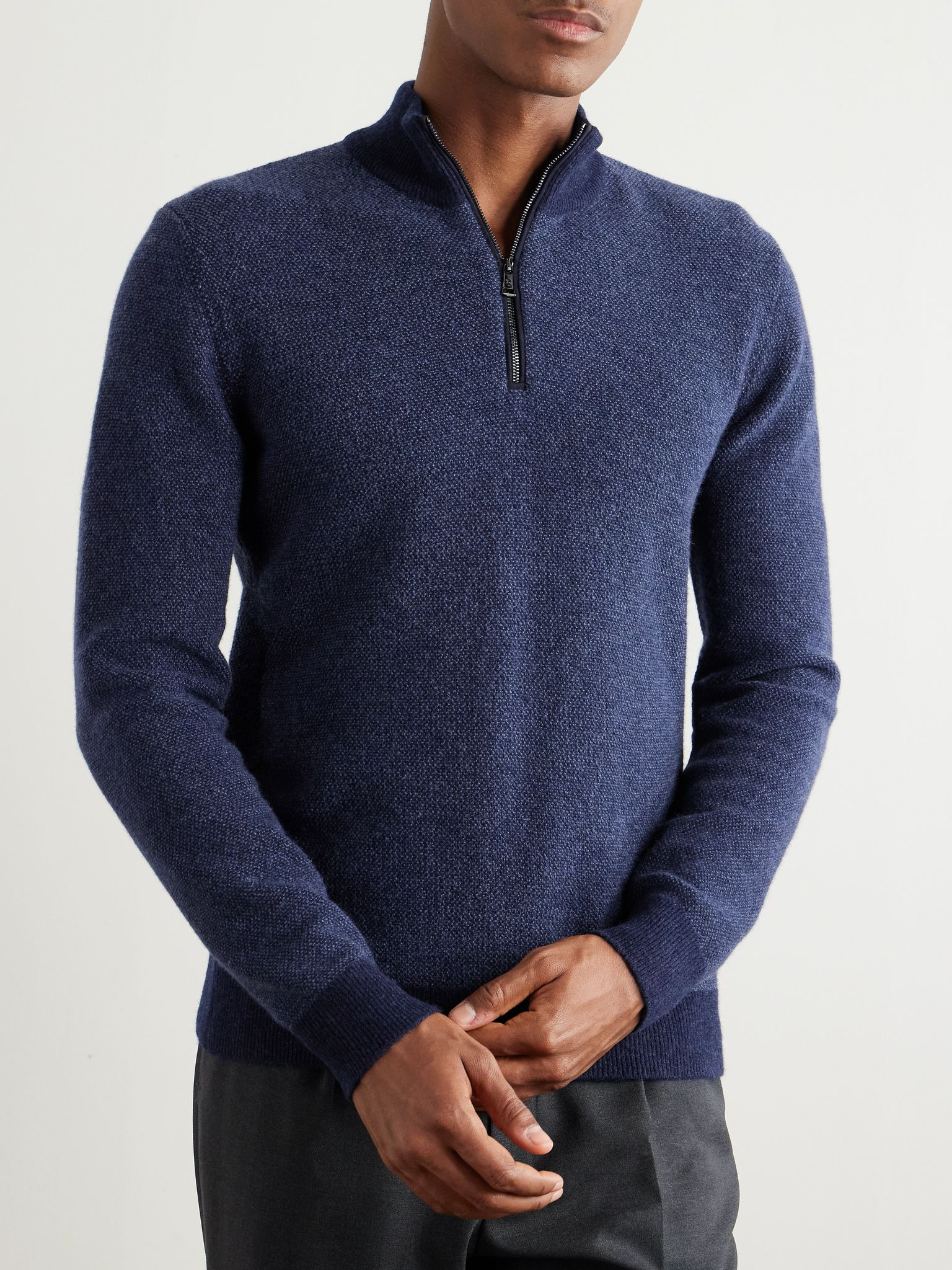 Slim-Fit Suede-Trimmed Cashmere Half-Zip Sweater Navy - 3
