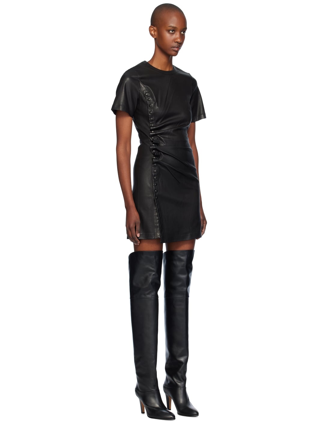Black Gathered Leather Minidress - 2