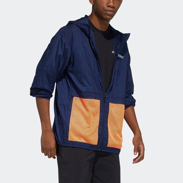 adidas Terrex Bao Pack Windb Outdoor Sports Mesh Contrasting Colors Pocket Hooded Jacket Navy Blue G - 3