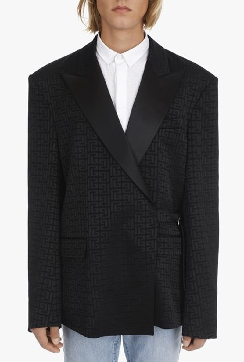 Asymmetrical black crepe blazer with Balmain monogram 5