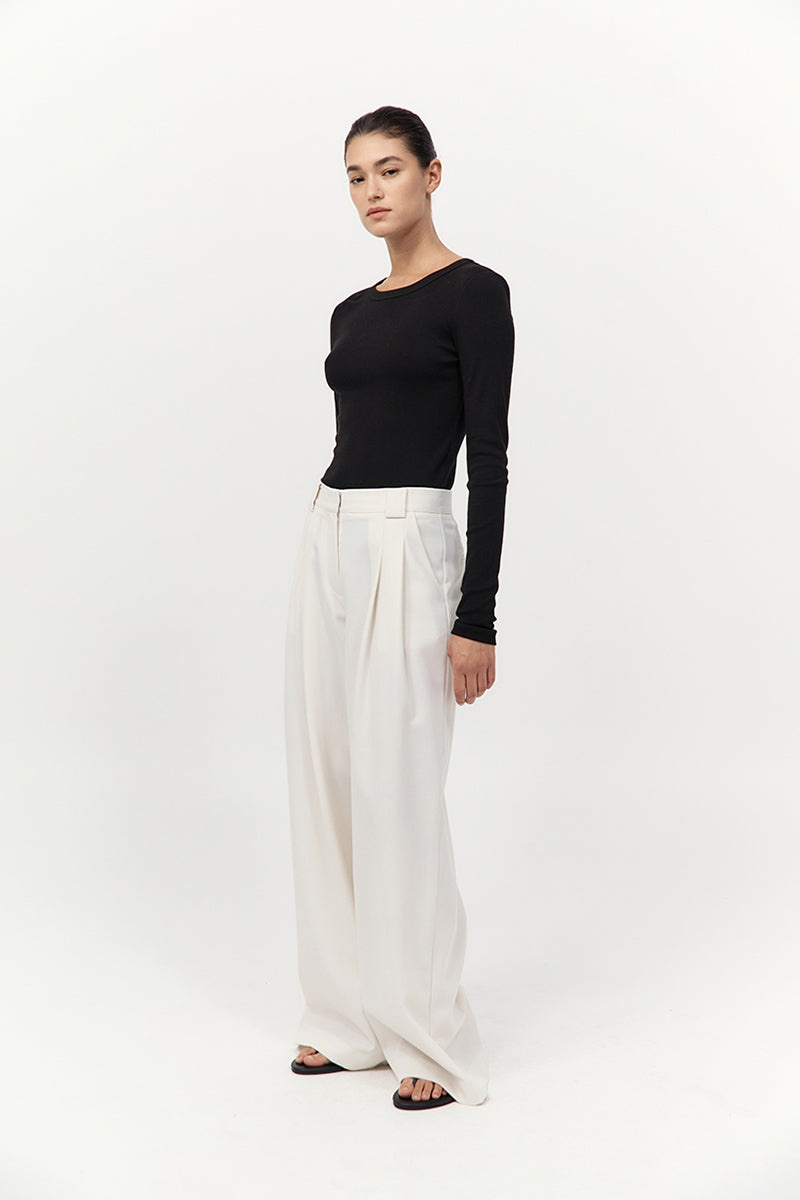 Twill Wide Leg Pleat Pants - Off White - 3