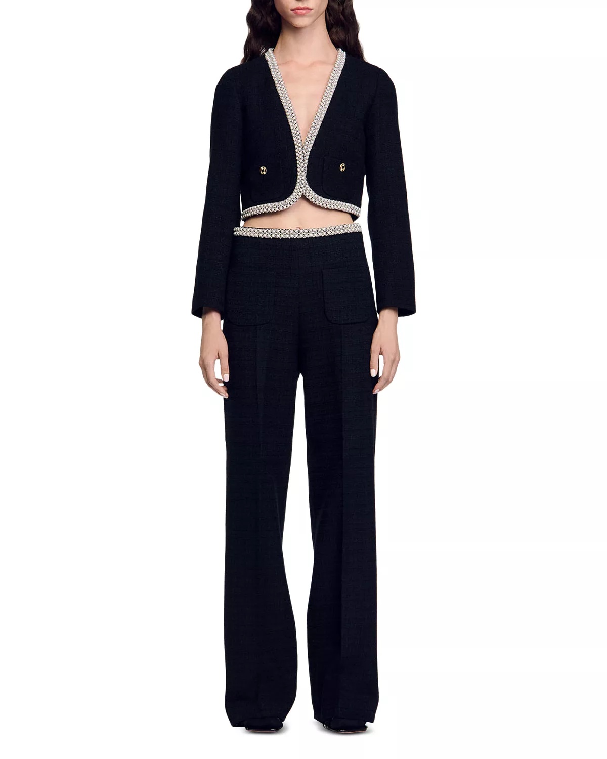 Sandro Bead Trim Cropped Tweed Jacket | bloomingdales