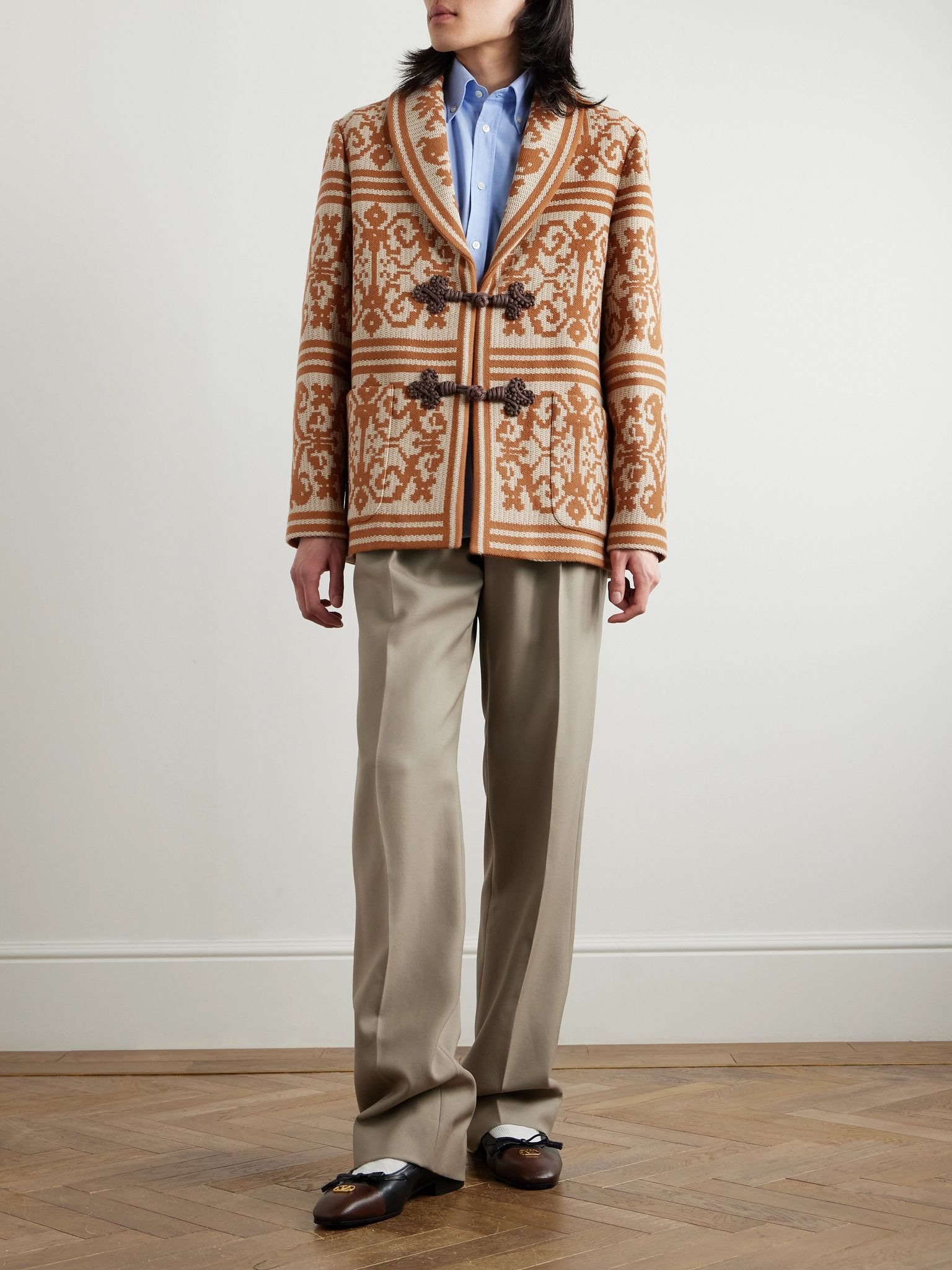Shawl-Collar Cotton and Linen-Blend Jacquard Cardigan Brown - 2