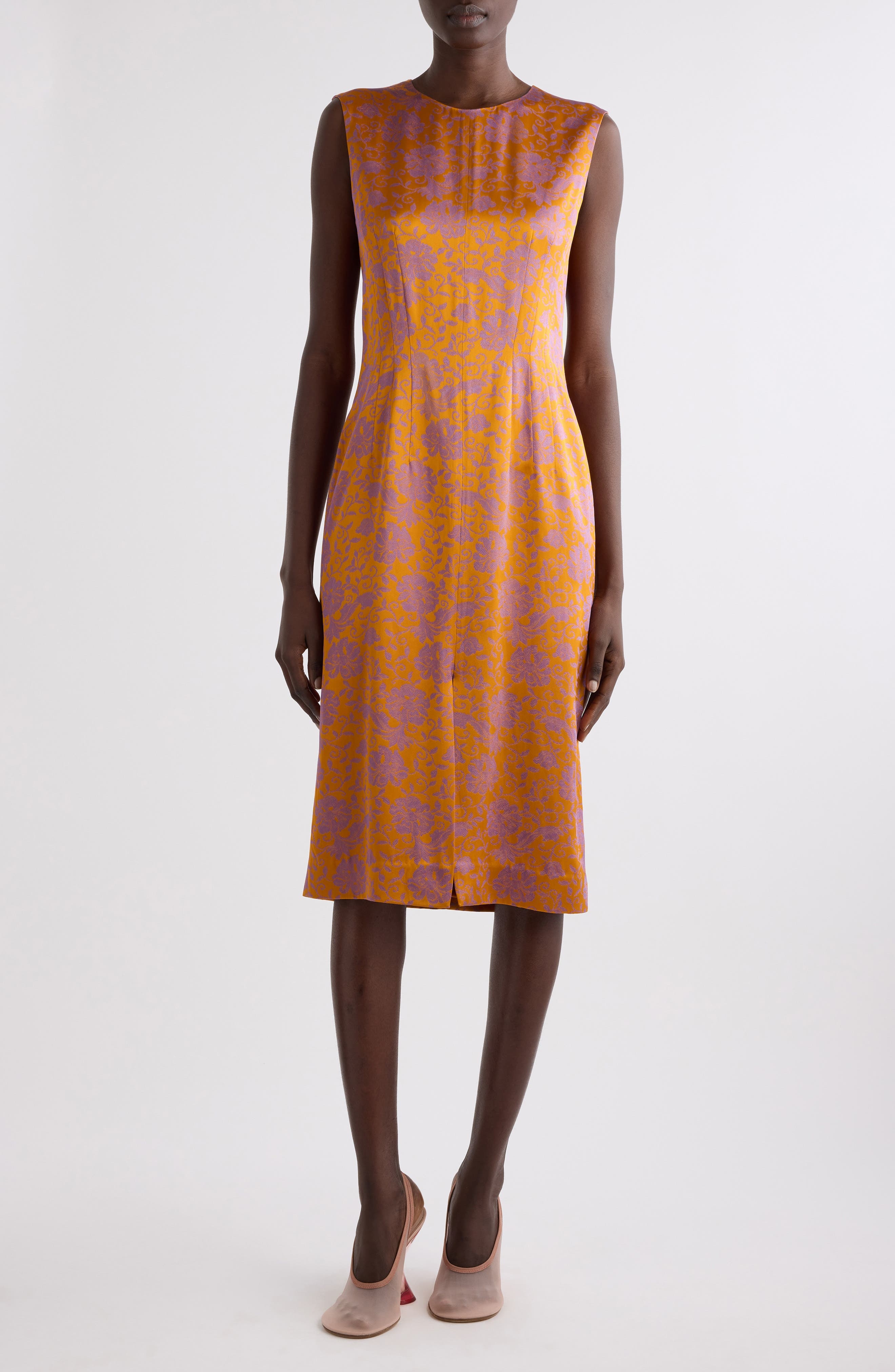 Dries Van Noten Delina Floral Sleeveless Satin Sheath Dress in Mandarin at Nordstrom - 1