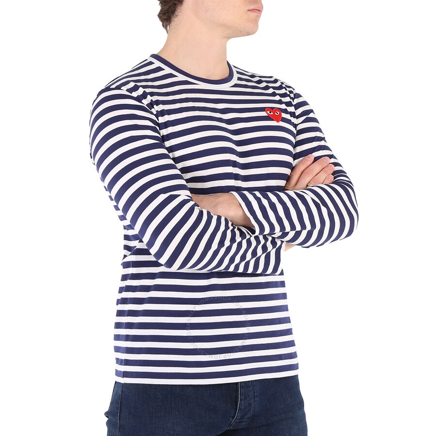 Comme Des Garcons Play Navy / White Long Sleeve Heart Logo Stripe Tee - 4