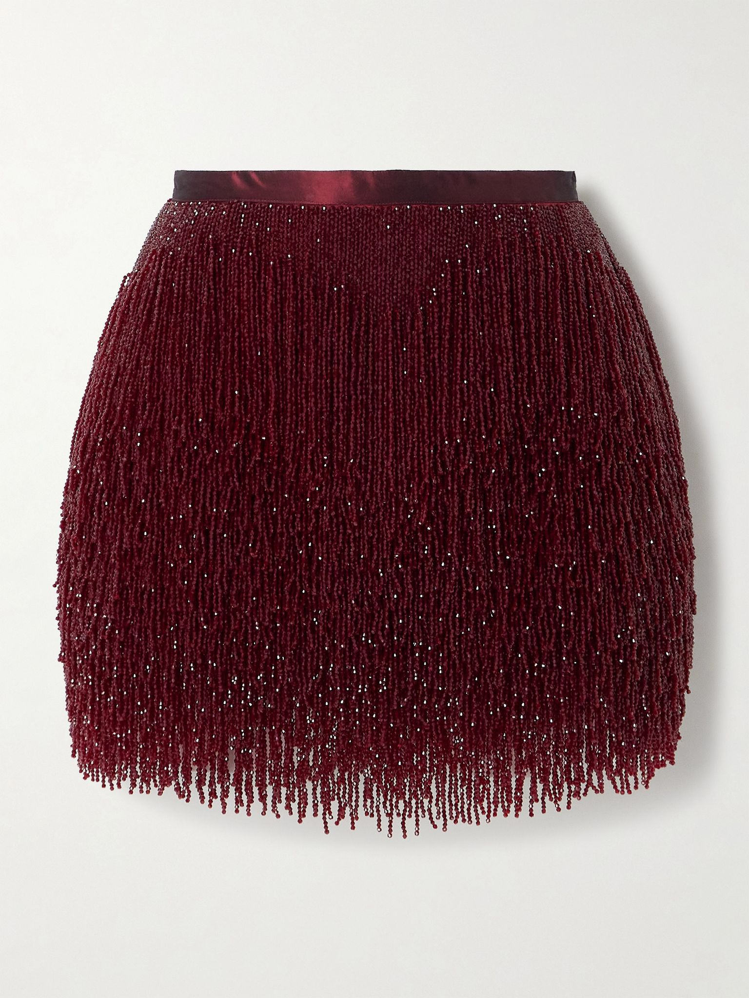 Fringed beaded silk-satin mini skirt Crimson - 1