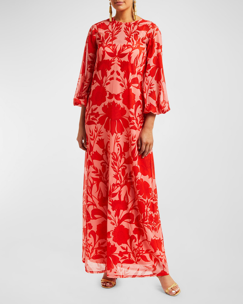 Luzon Blouson-Sleeve Floral-Print Chiffon Gown 1