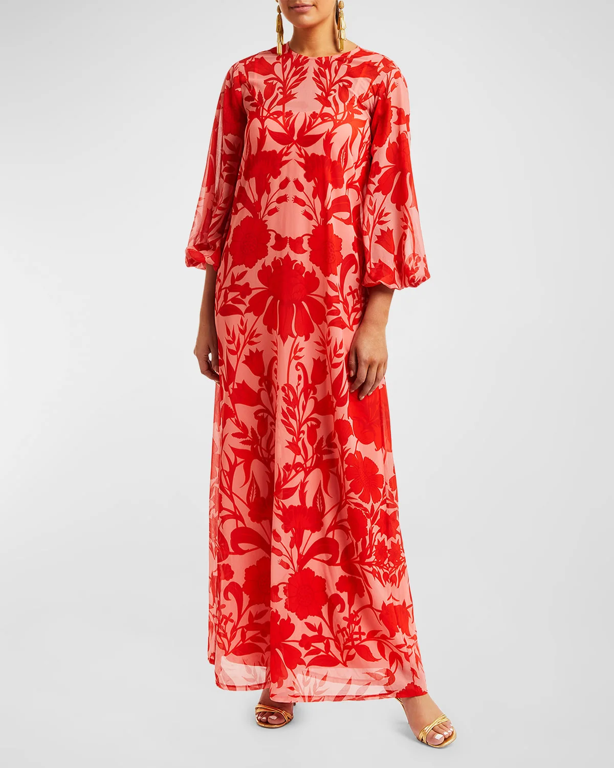 Luzon Blouson-Sleeve Floral-Print Chiffon Gown - 1
