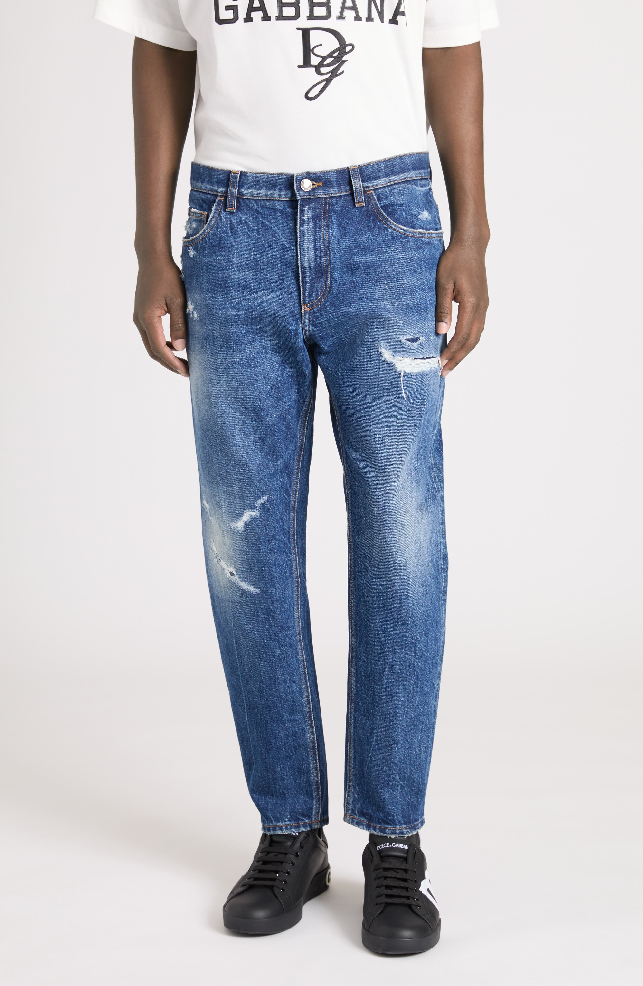 Dolce&Gabbana Logo Embroidered Distressed Loose Fit Jeans in S9001 Variante Abbinata at Nordstrom - 1