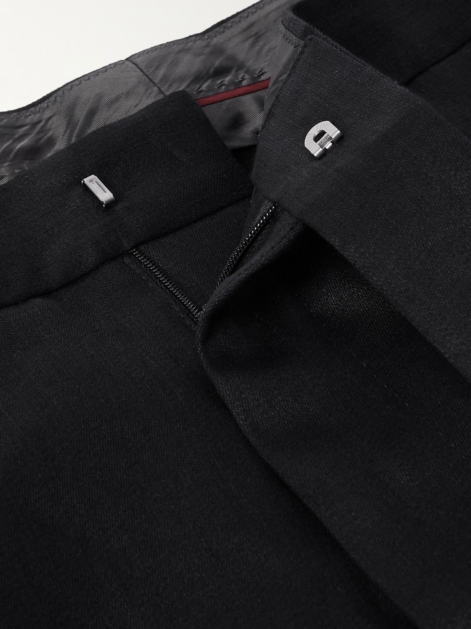 Tapered Pleated Cotton and Silk-Blend Satin-Trimmed Linen Tuxedo Trousers Black - 6