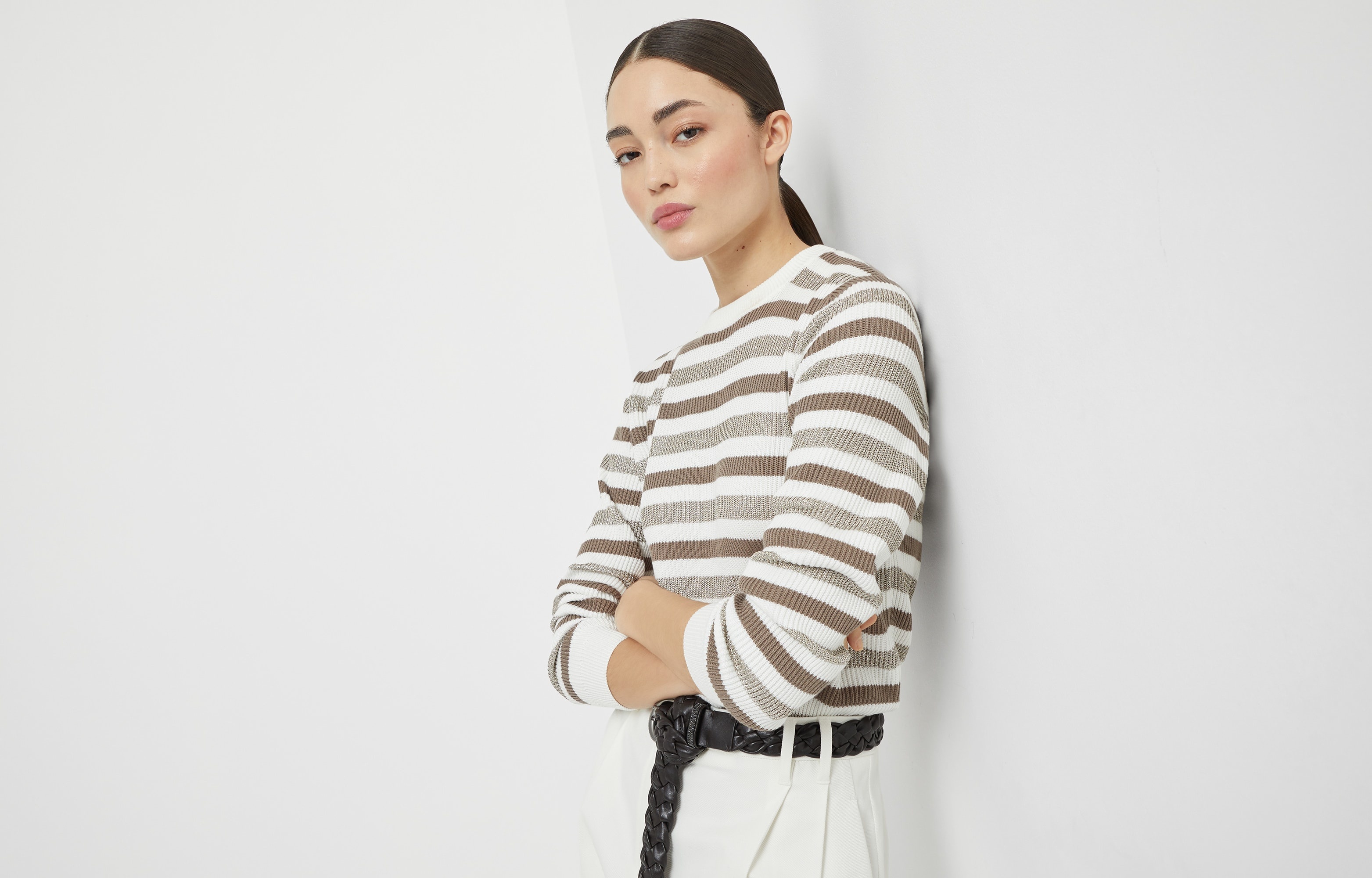 Sparkling striped cotton sweater with monili - 6