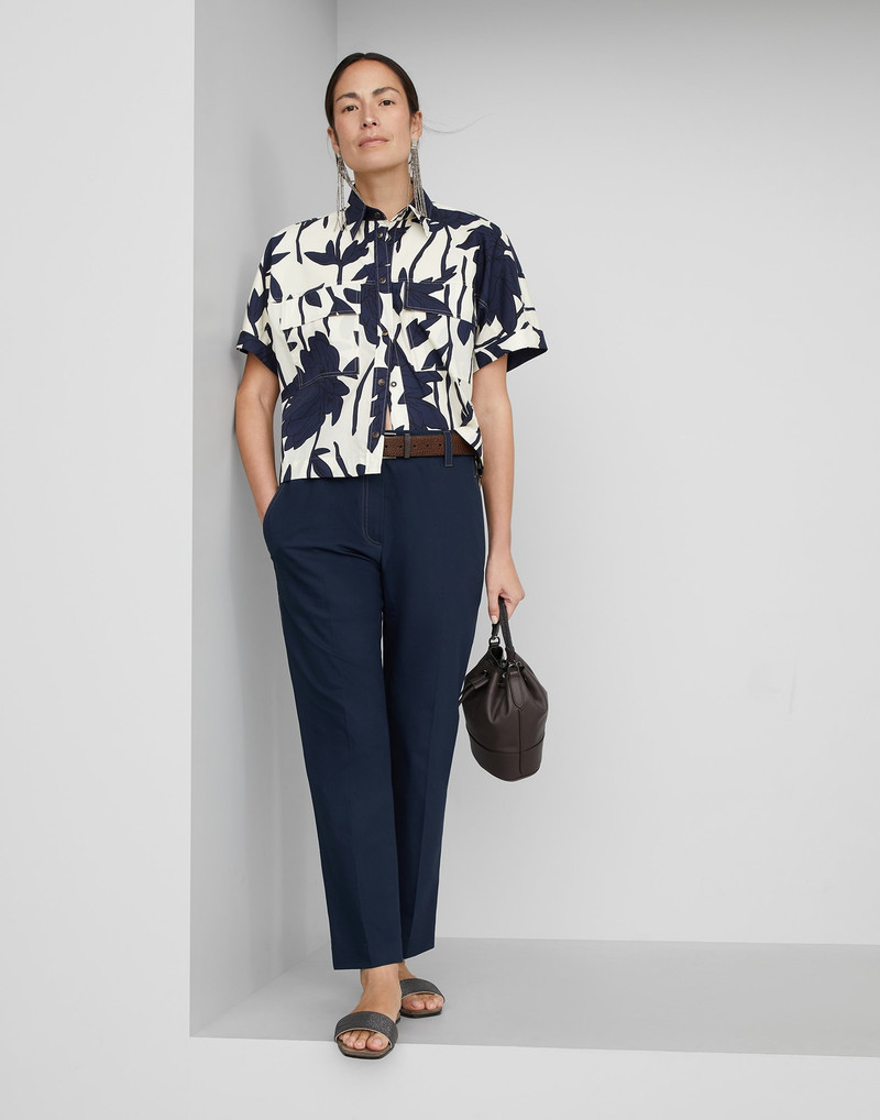 Stretch twisted cotton twill cigarette trousers with monili 4