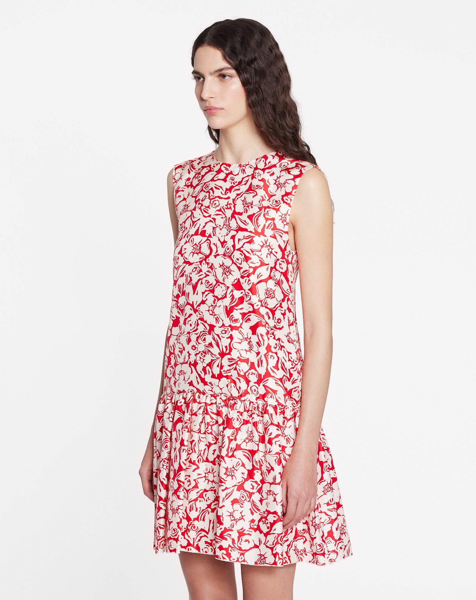 SLEEVELESS ROUND NECK DRESS WITH RUFFLES IN PRINTED SILK TWILL - 5