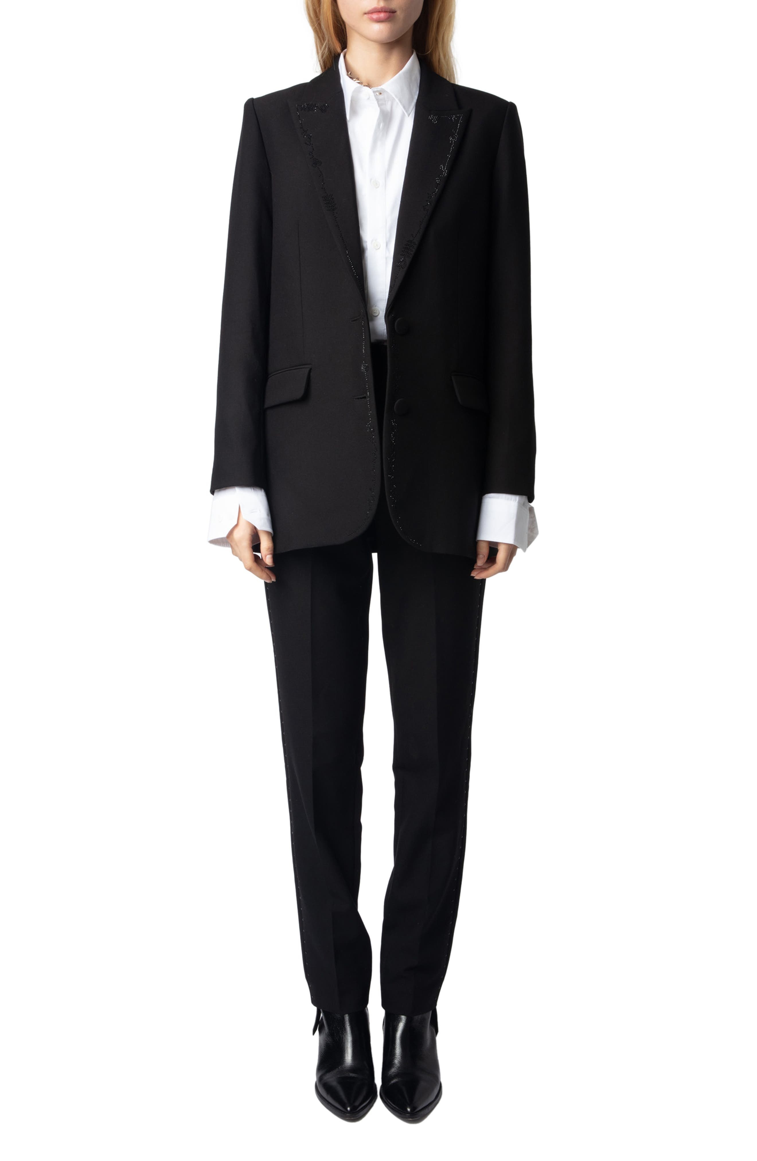 Zadig & Voltaire Viva Crystal Embellished Single Breasted Stretch Crepe Blazer in Black at Nordstrom - 6