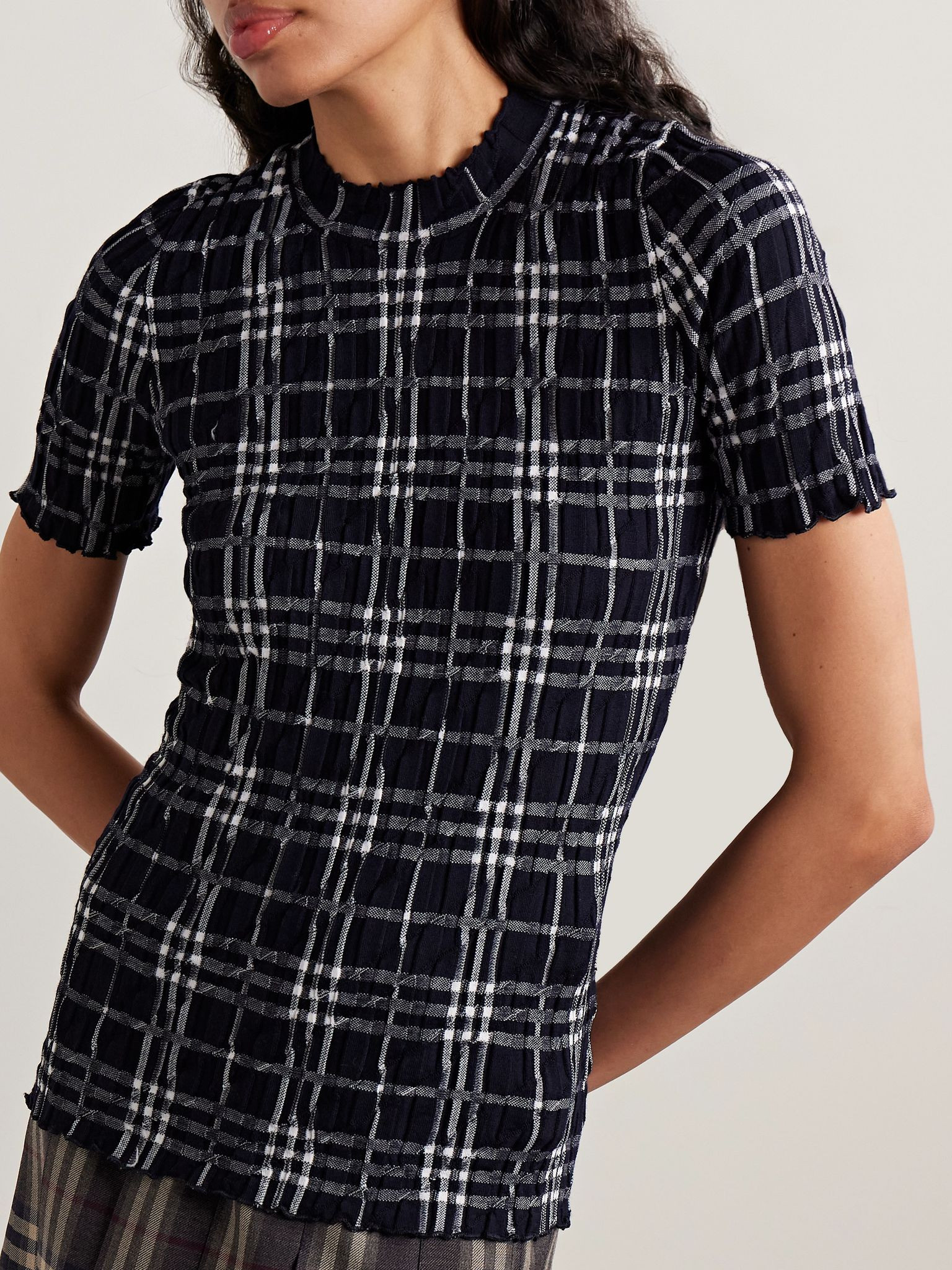 Ribbed checked wool-blend T-shirt Navy - 3
