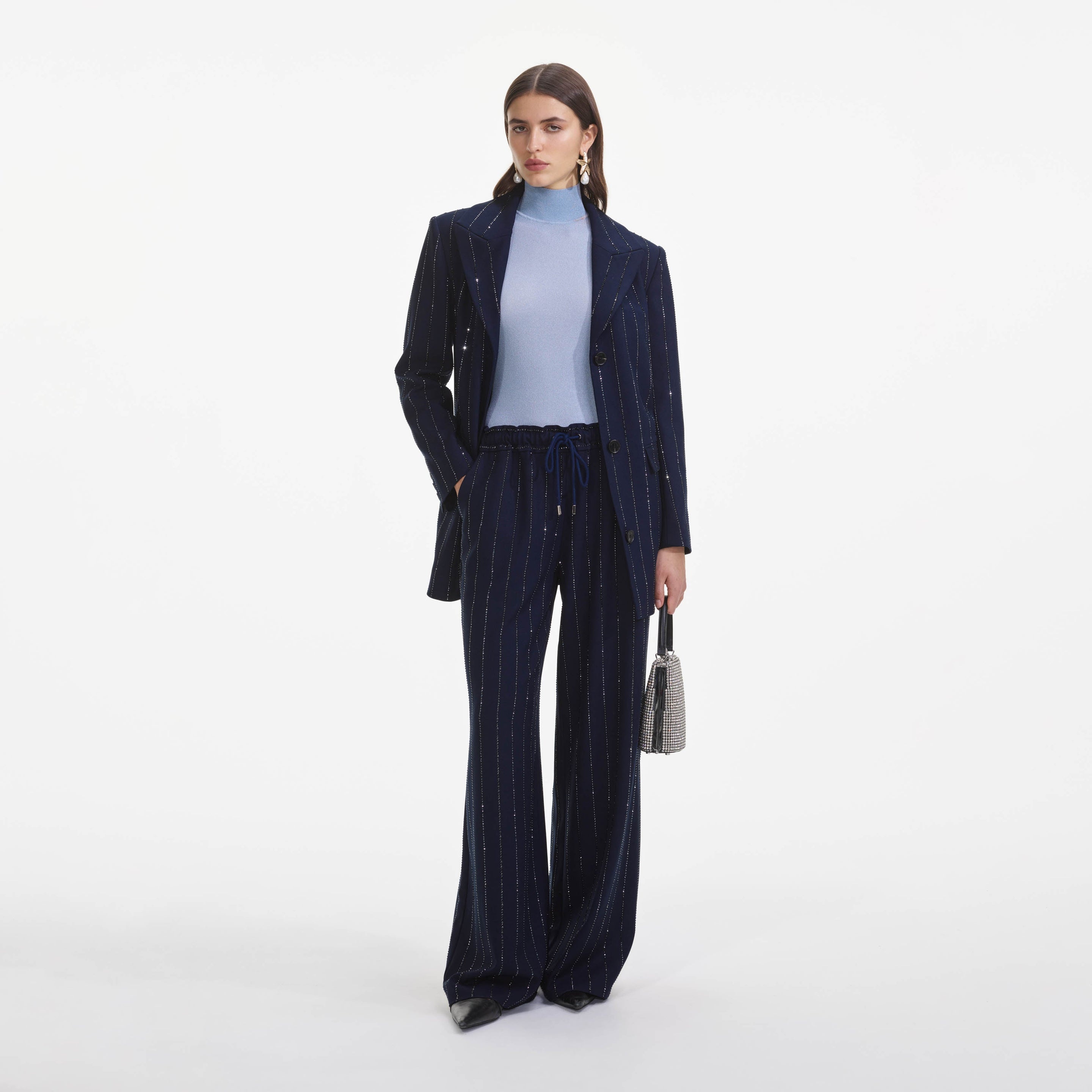 Navy Rhinestone Pinstripe Trousers - 4