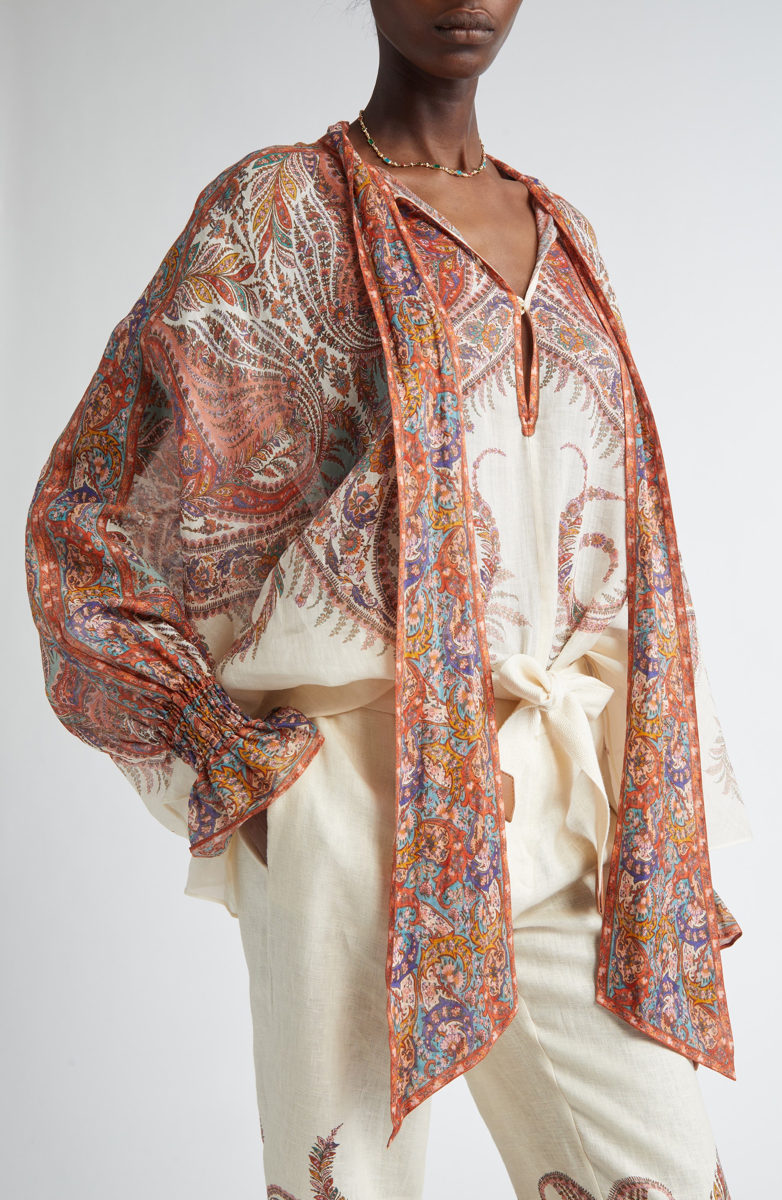 Zimmermann Rhiannon Paisley Tie Neck Top in Cream Paisley at Nordstrom - 6