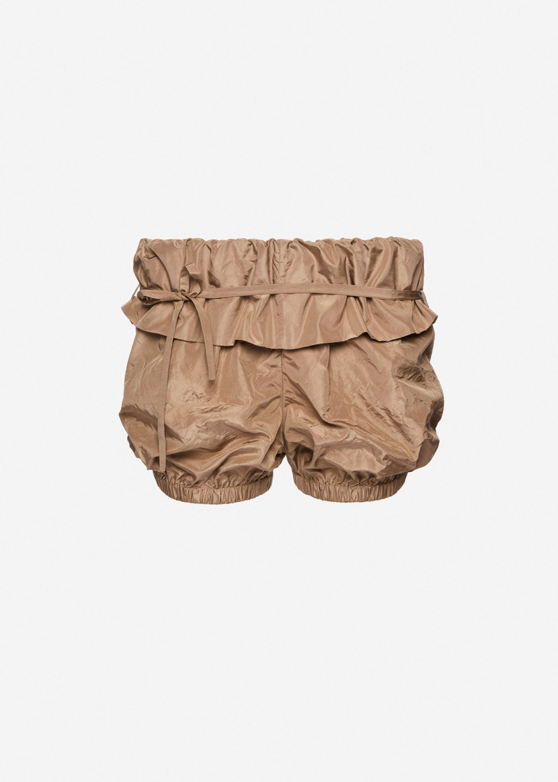 Bubble silk shorts with ruffle waist in brown 1