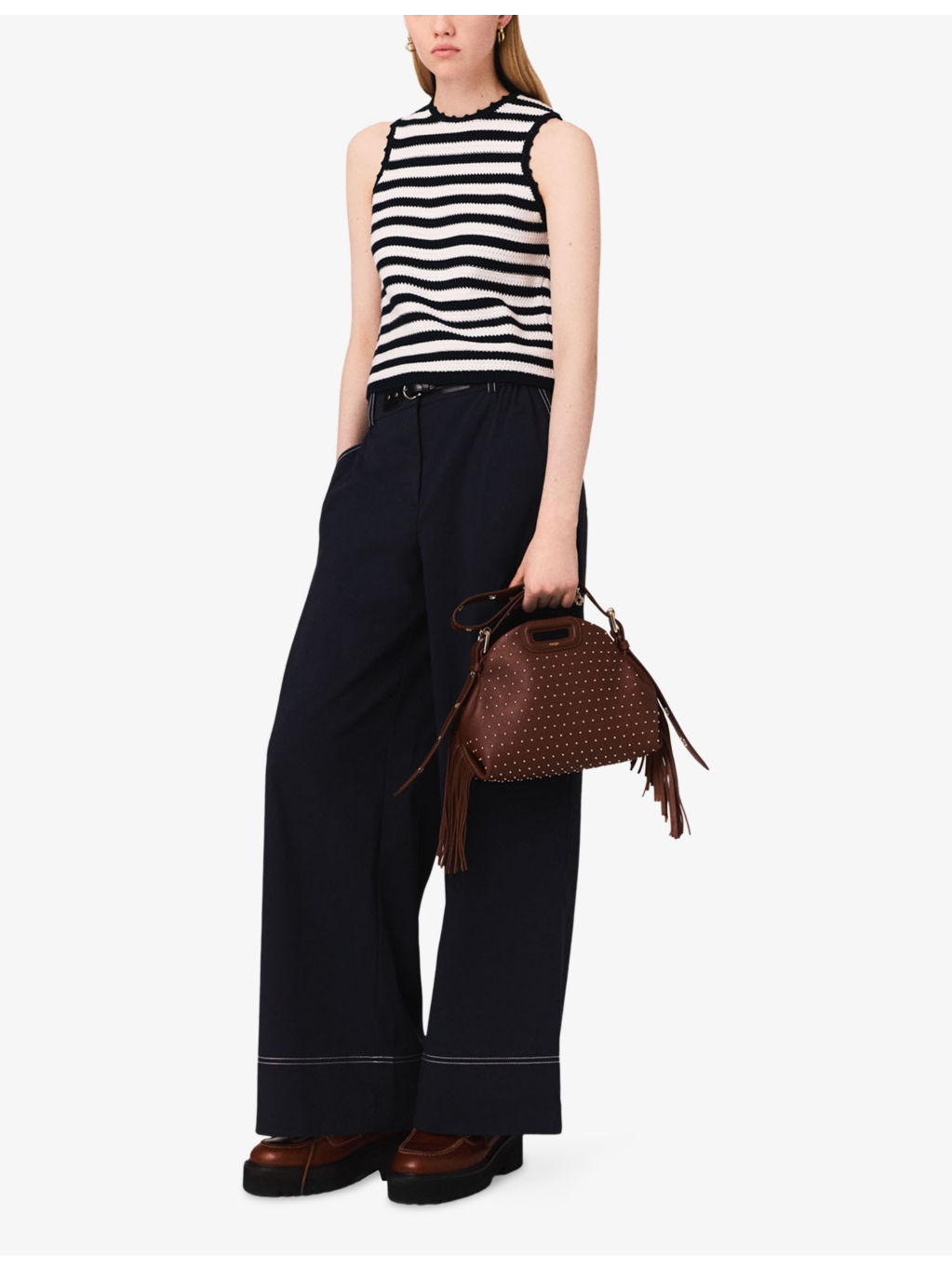 Belted-Waist Contrast-Stitch Stretch-Cotton Trousers - 2