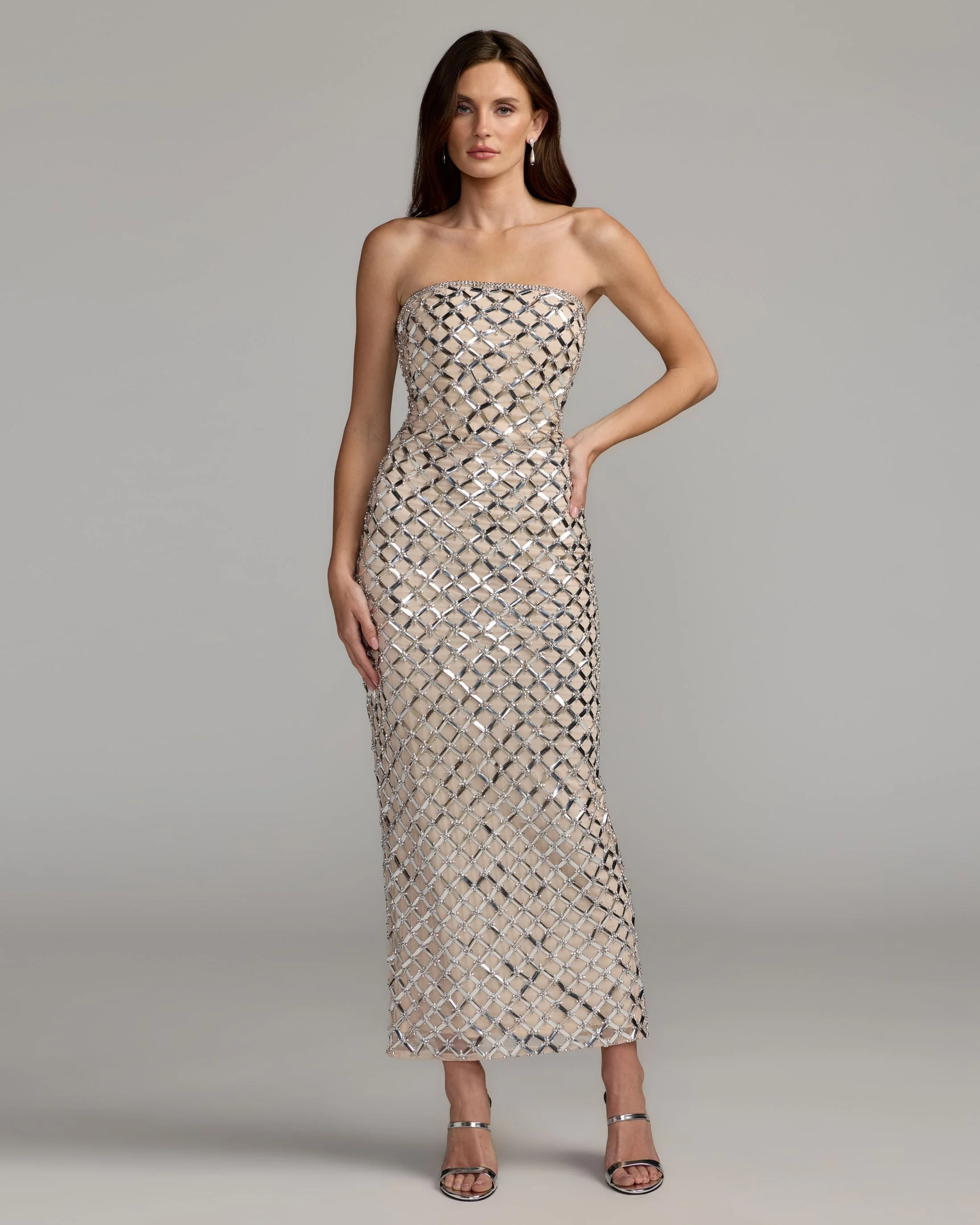 Nude Silver Metallic Embellished Strapless Maxi Dress - 1
