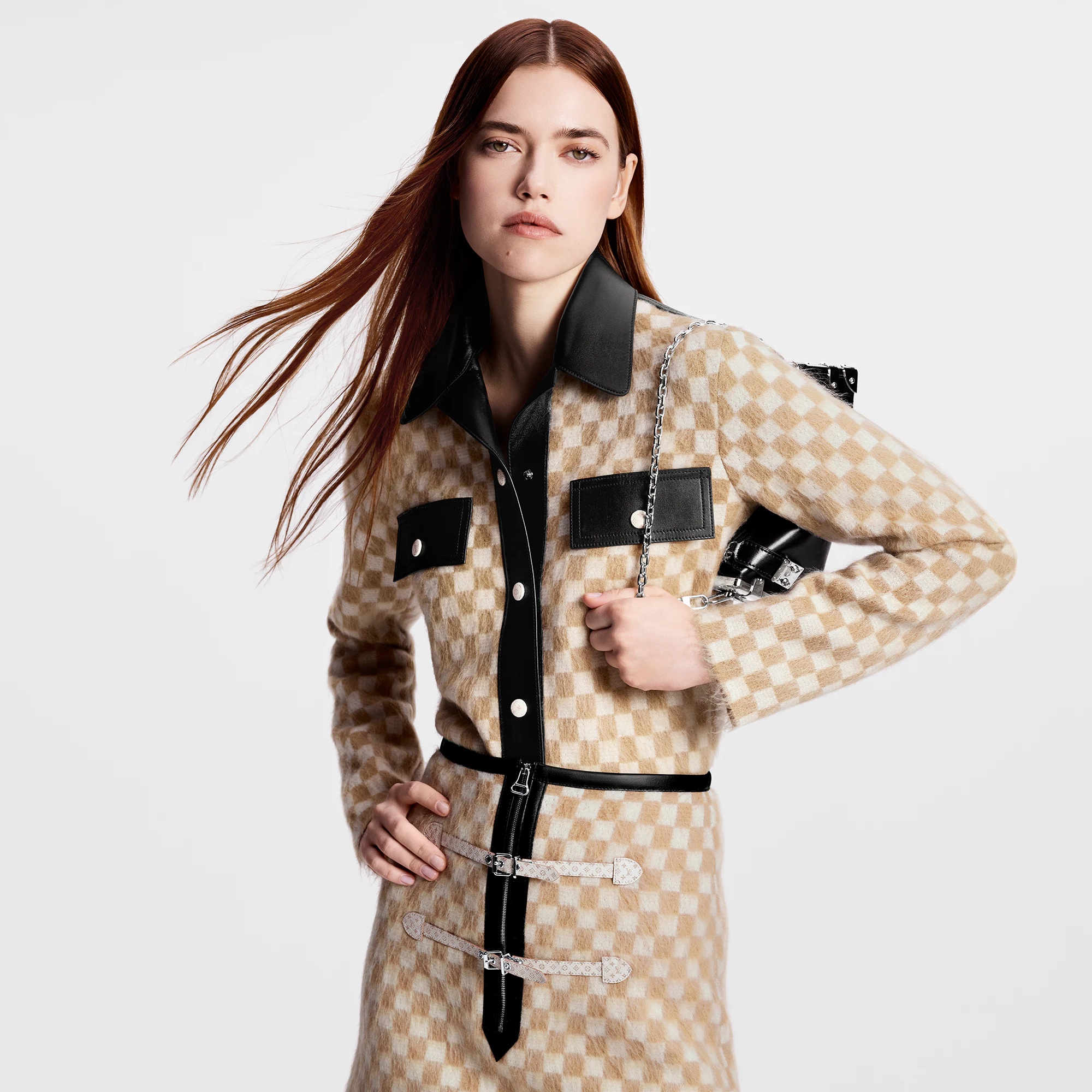Leather Accent Damier Knit Jacket - 5
