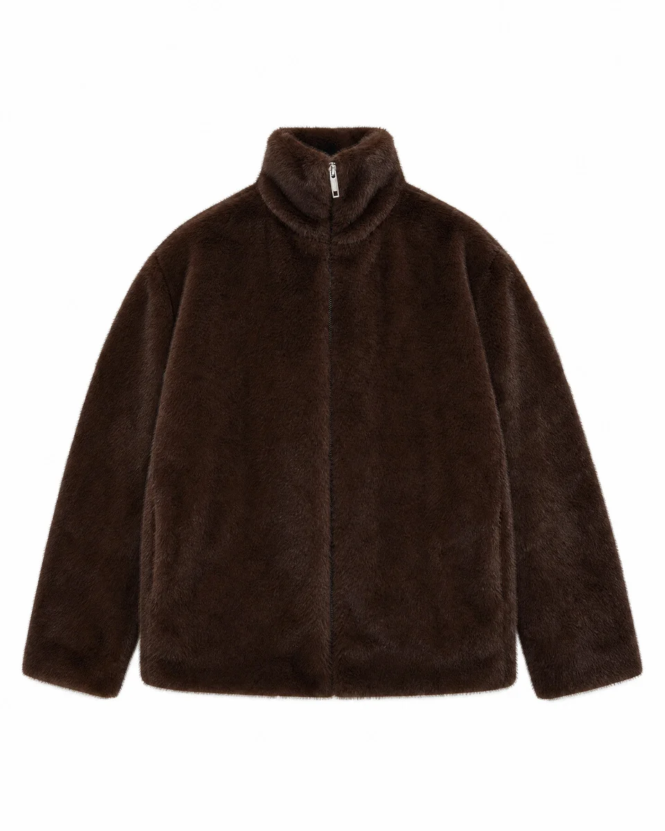 BROWN FAUX FUR COAT WITH A ZIPPER - 1