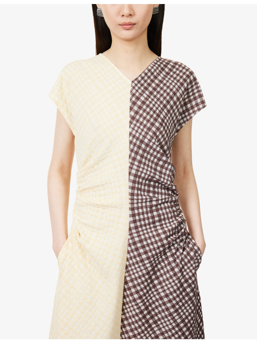 Checked Ruched Stretch-Woven Midi Dress - 5