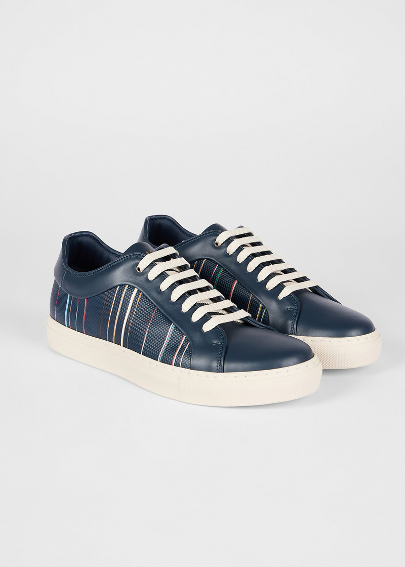 Navy Blue 'Signature Pinstripe' Leather 'Basso' Trainers 4