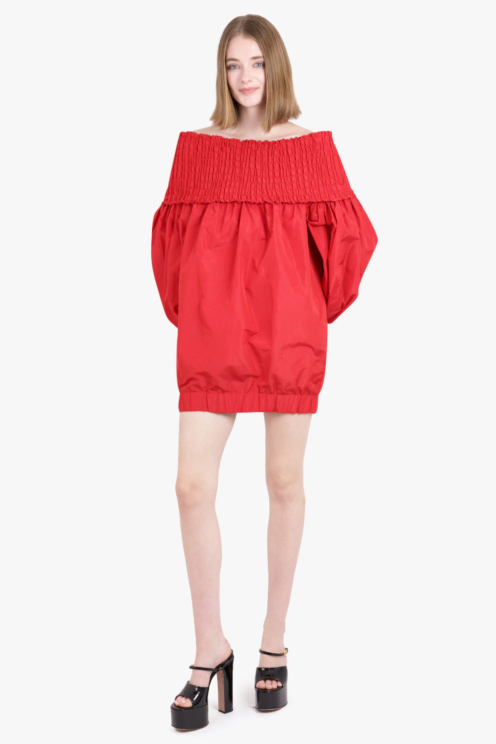 OFF-THE-SHOULDER SMOCK MINI DRESS IN ECO-FRIENDLY FAILLE | LIPSTICK RED - 2