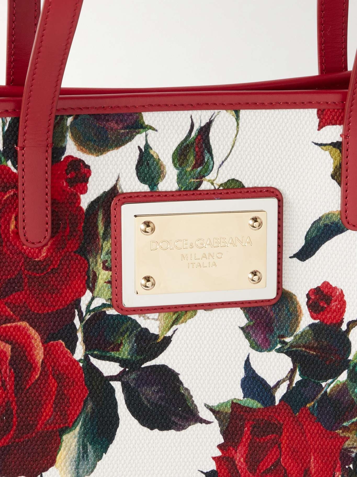 Large floral-print leather-trimmed canvas tote Red - 4