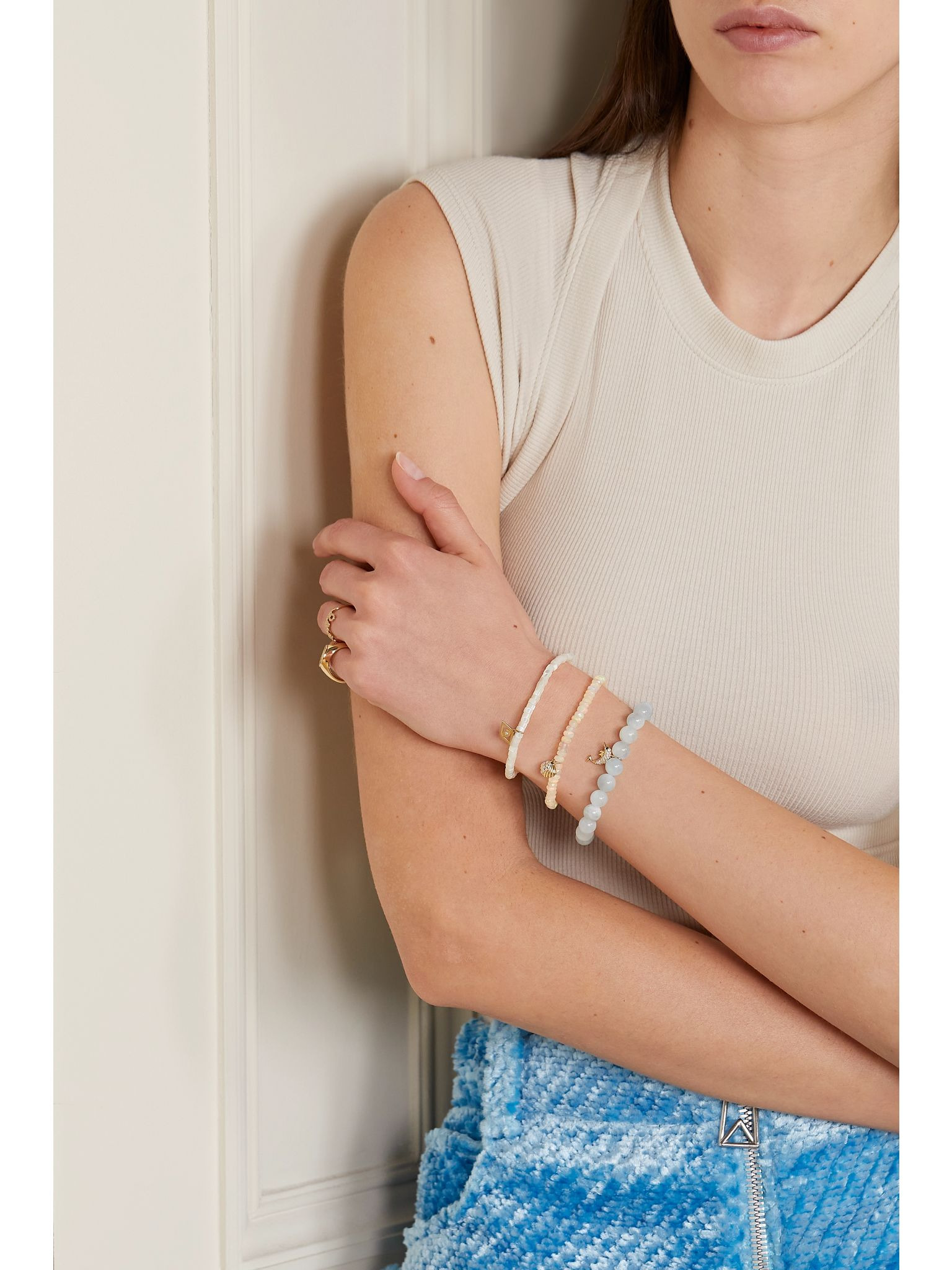 Tiny Evil Eye 14-karat gold, mother-of-pearl and diamond bracelet White - 5