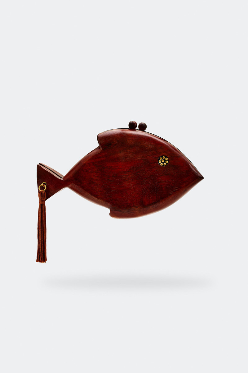 SIMONMILLER Carved Wooden Fish Clutch in Mahogany outlook