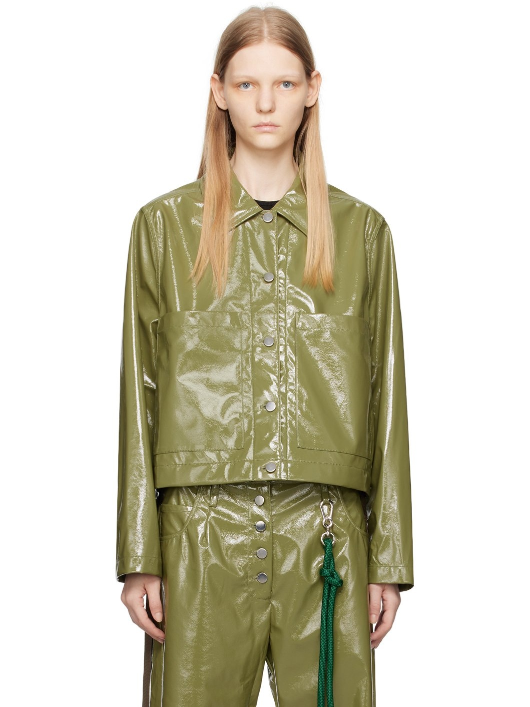 Green Cropped Faux-Leather Jacket - 1