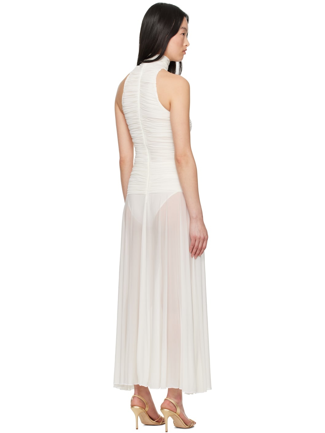 White Ruched High Neck Maxi Dress - 3