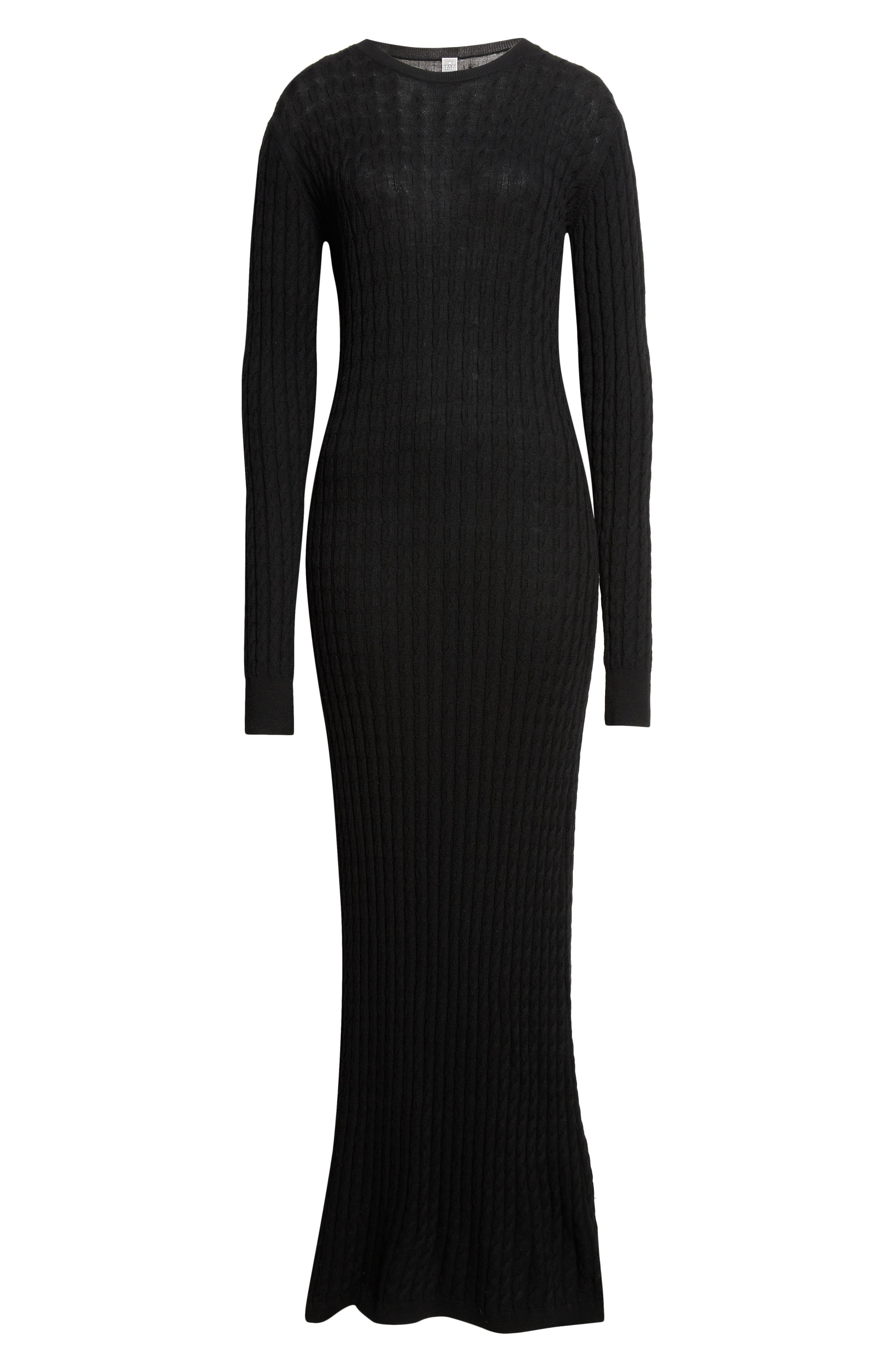 TOTEME Long Sleeve Cable Knit Wool Merino Wool Sweater Dress in Black at Nordstrom - 6