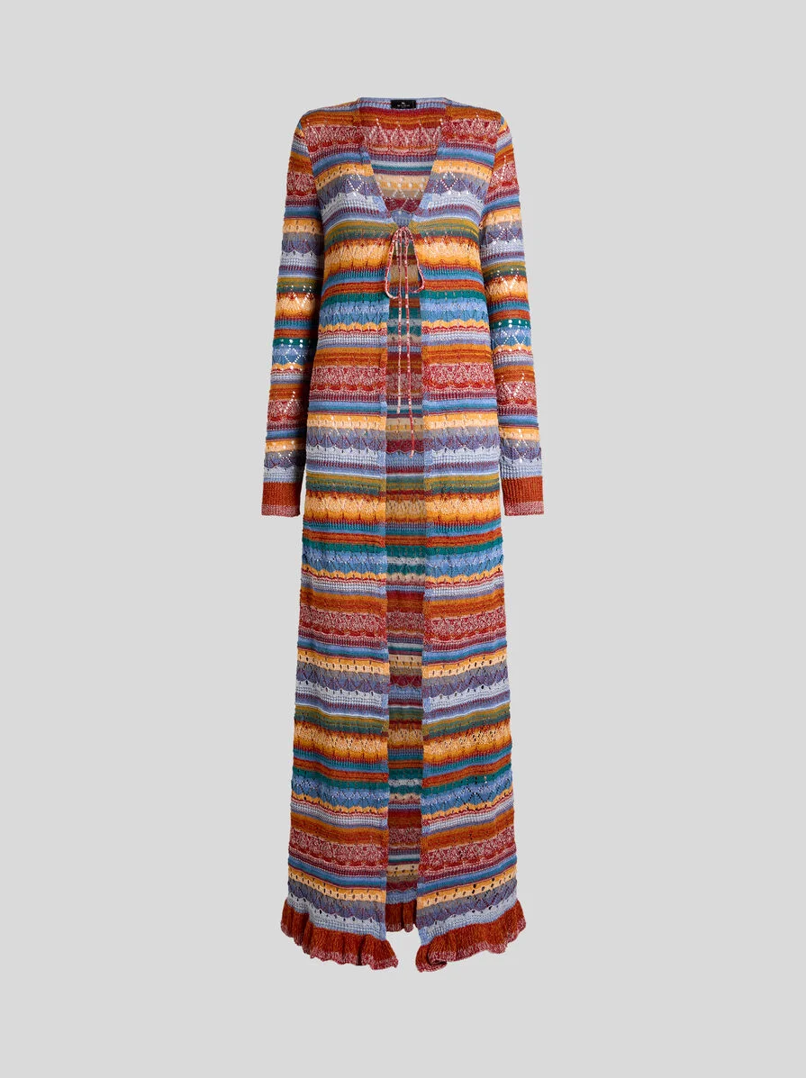 LONG KNIT COTTON CARDIGAN WITH STRIPES AND OPENWORK - 1
