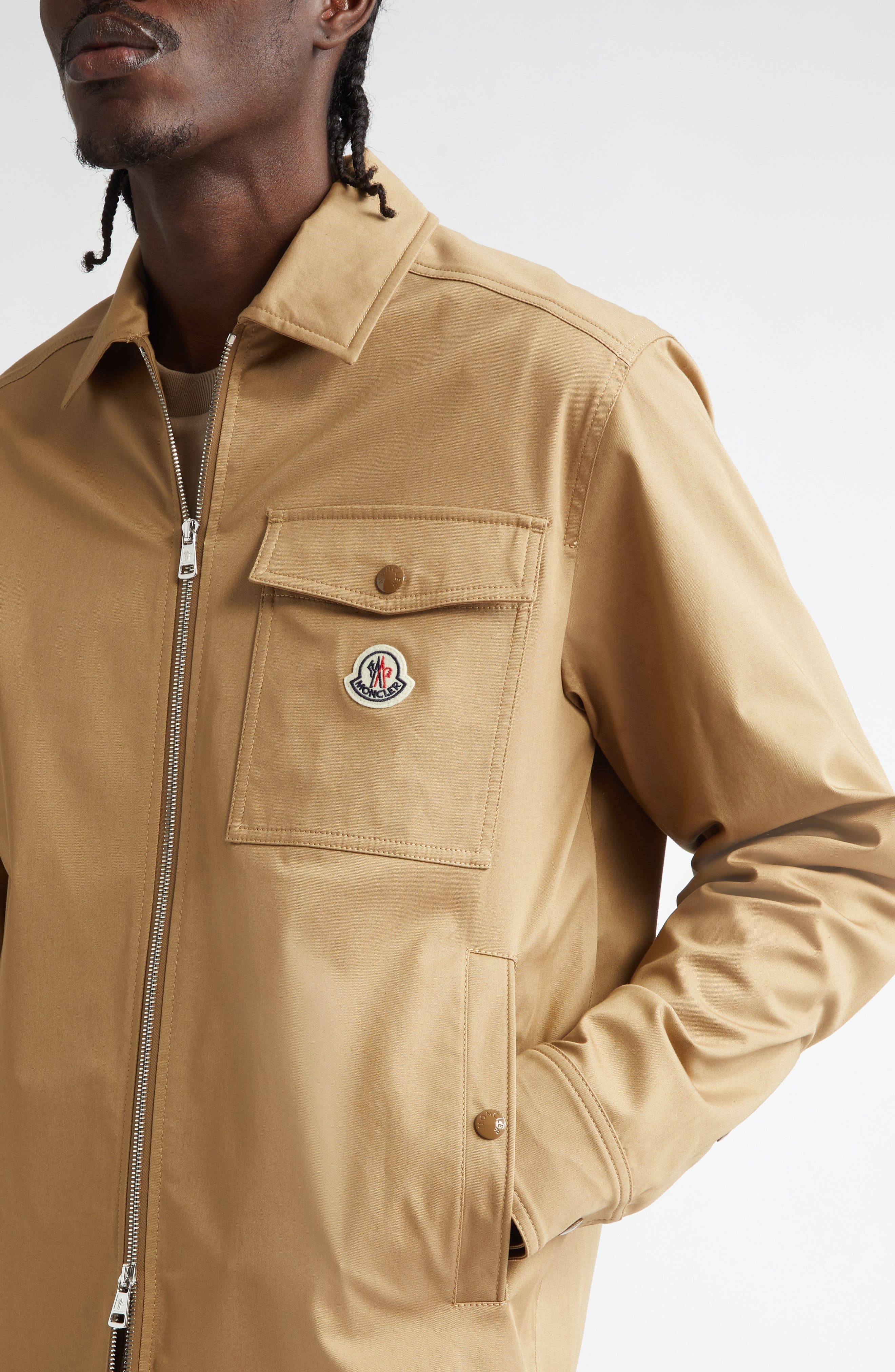 Moncler Camicia Stretch Cotton Zip Shirt Jacket in Caramel at Nordstrom - 4