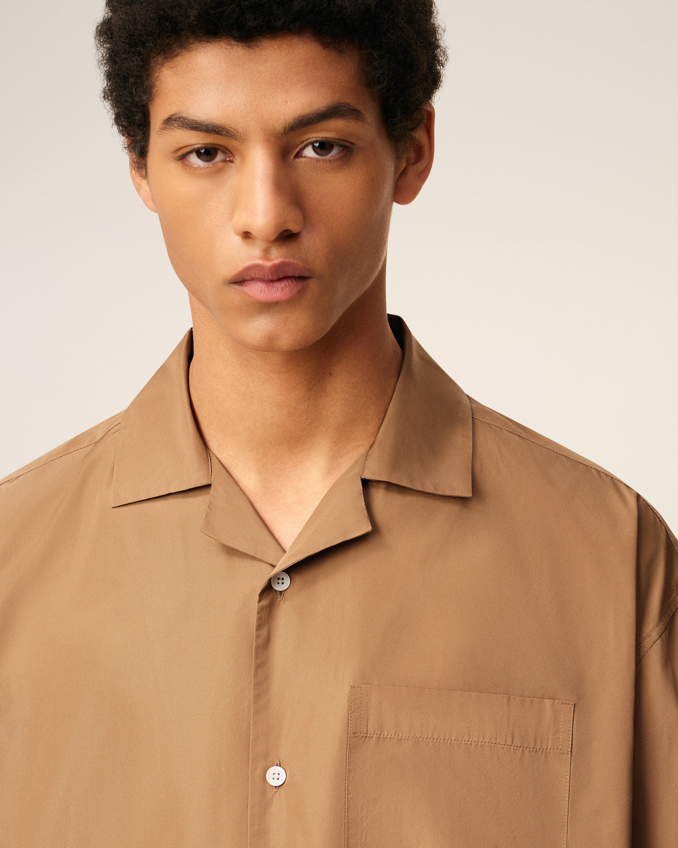 BROWN TAFFETASS SHORT SLEEVED BOXY SHIRT - 6