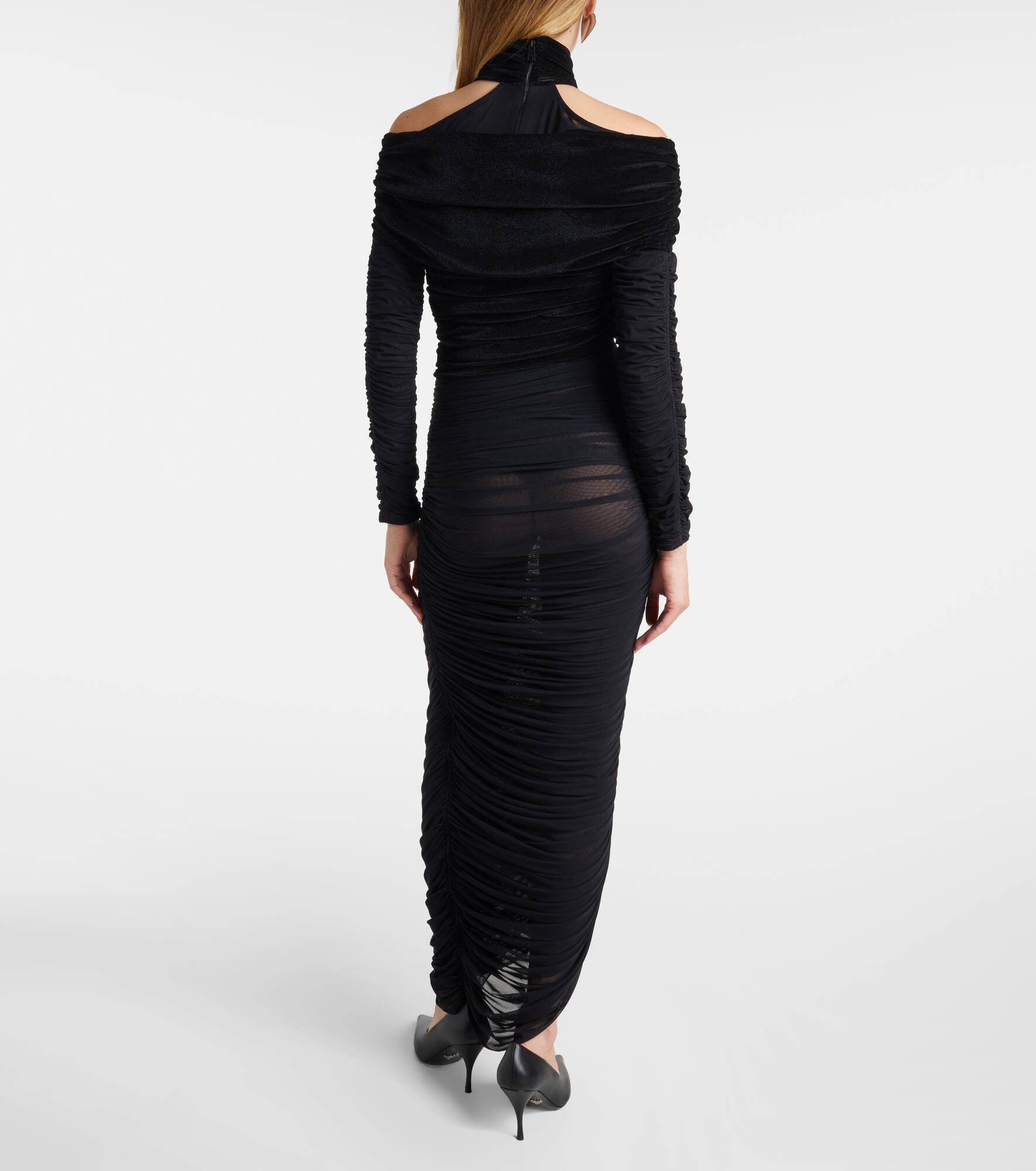 Draped mesh and velvet maxi dress - 3