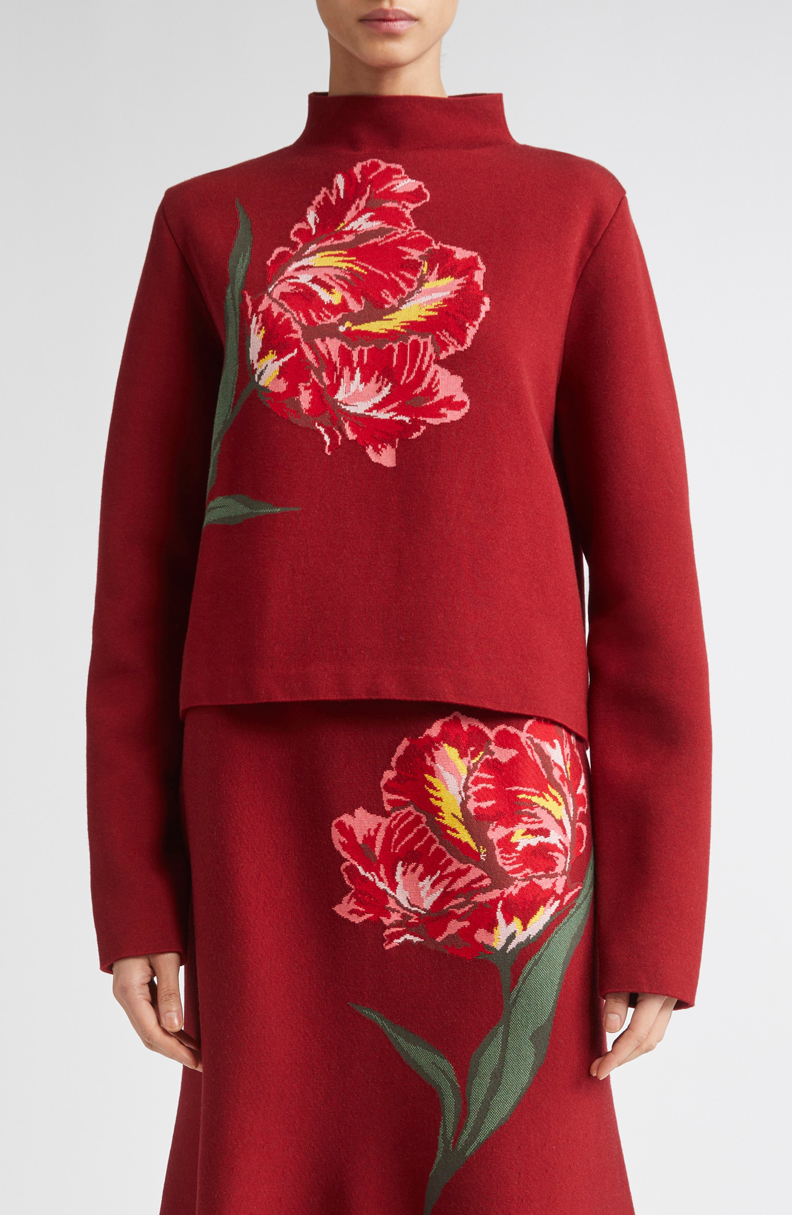 Carolina Herrera Floral Intarsia Funnel Neck Sweater in Garnet Multi at Nordstrom - 1