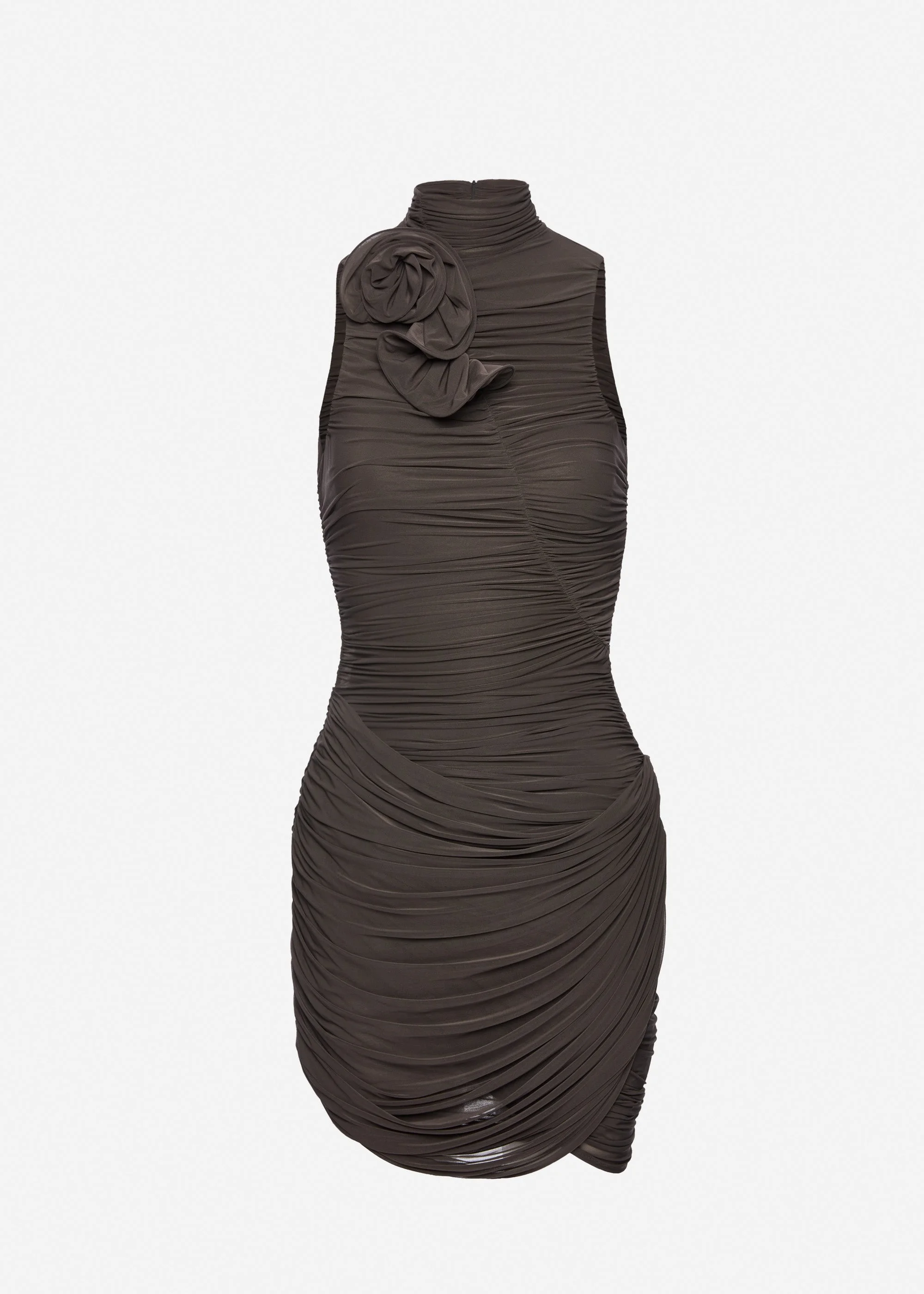 High-neck draped mini dress in brown - 1