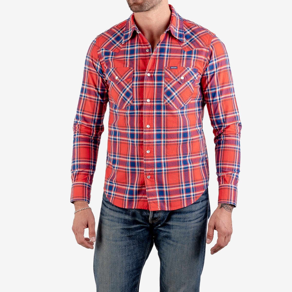 IHSH-355-RED 5oz Selvedge Madras Check Western Shirt - Red - 2